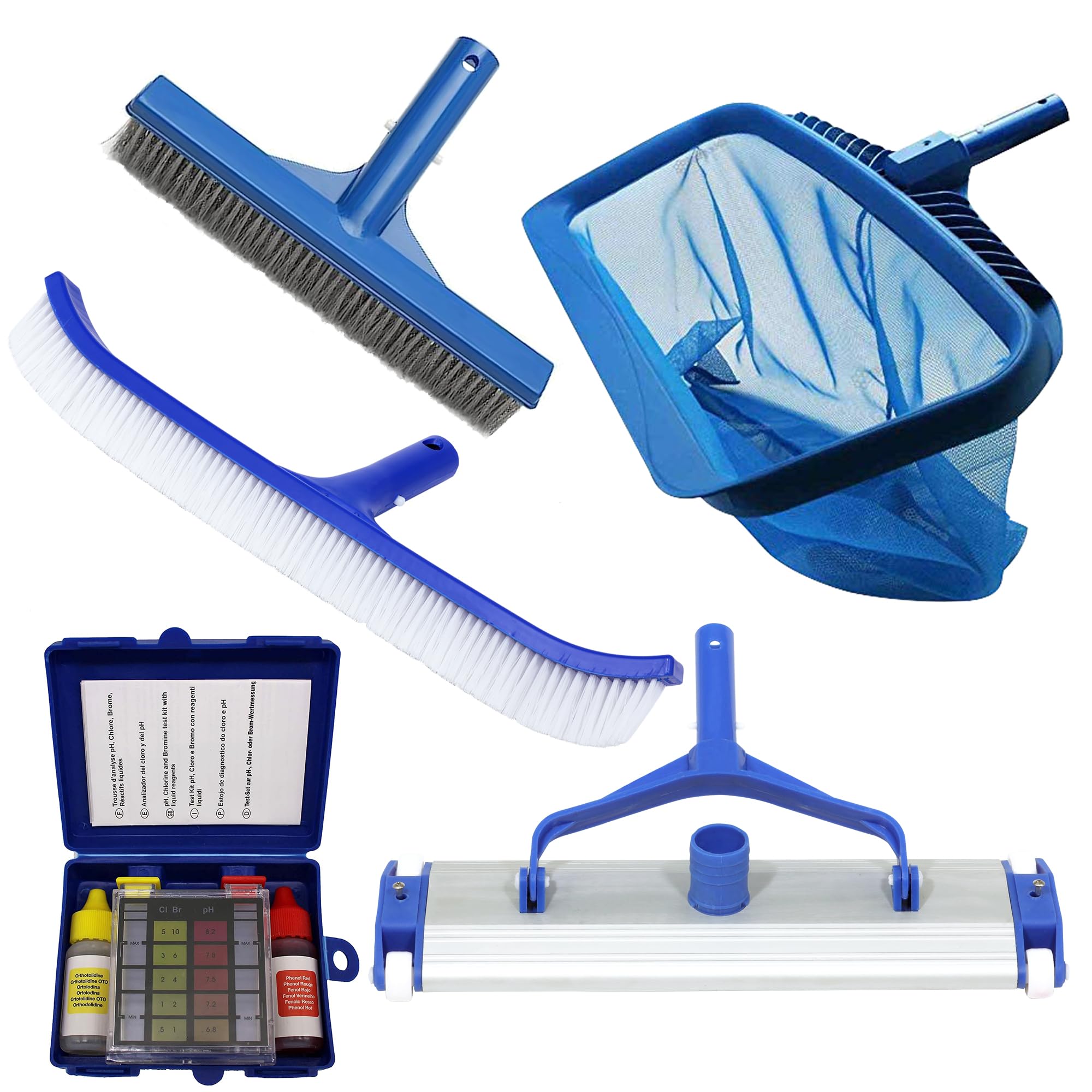 POOLTOOL Swimming Pool Cleaning Kit, Deep Leaf Rake Net Bag Net, Wall Cleaning Brush 18" Curved, Algae Brush 10", Vacuum Head 17.5", Test Kit (Swimming Pool Cleaning Set)-image-47