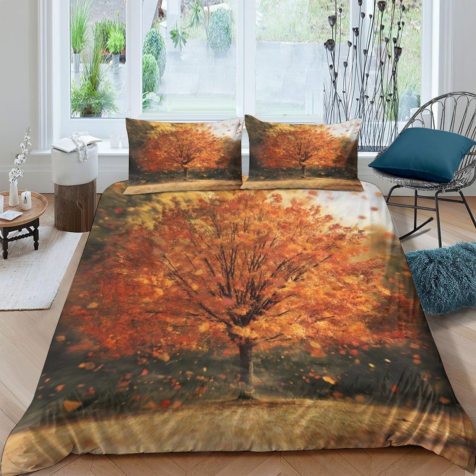 Ctjqhvkz Style-8 3D Printed Autumn Maple Tree Fitted Sheet Microfiber Soft Anti-Slip Bed Sheet For Bedroom Guest Room Mattress Decor Single（135X200cm）