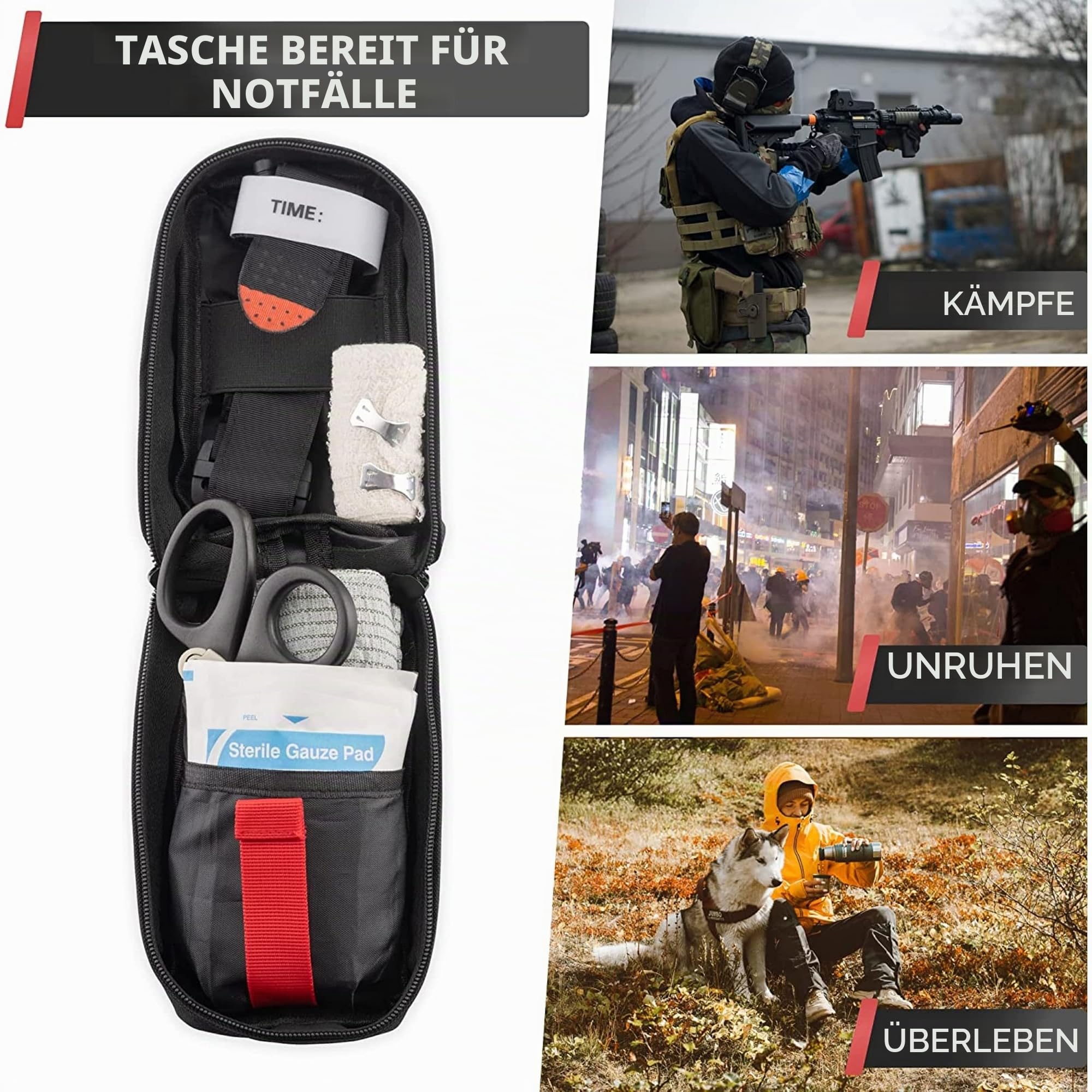 Tourniquet Tourniquet - Professionelle medizinische Ausrüstung für Erste Hilfe - Komplettes Erste-Hilfe-Set - Militärische Ausrüstung - Bandagen/Scheren/Überlebensdecke