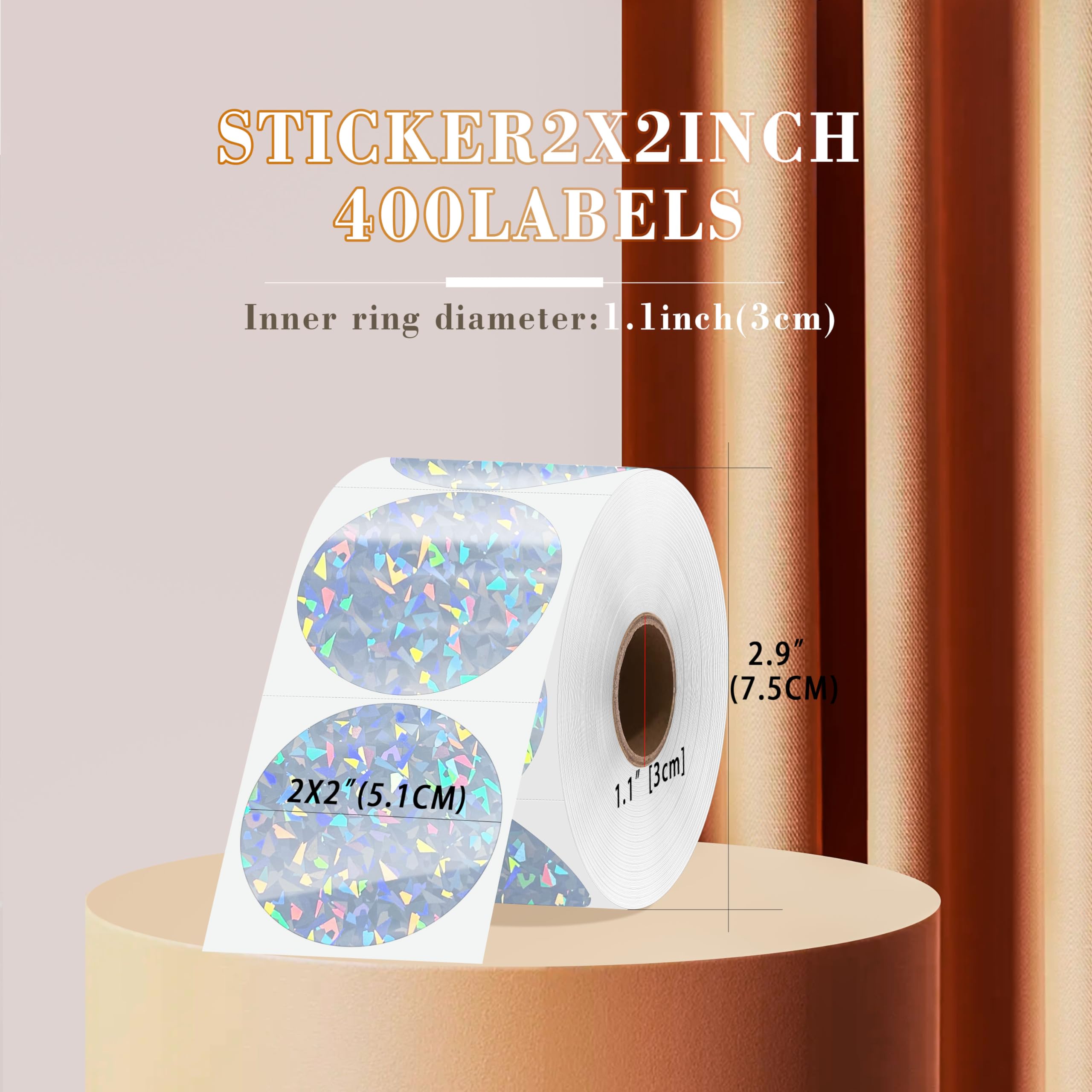 PARLAIM 5.1 cm Holographic Sliver Circle Thermal Sticker, Round Adhesive Direct Thermal Label Diamond Brilliance for DIY Logo Design, QR Code, Name Tag, 400 Tapes/Roll
