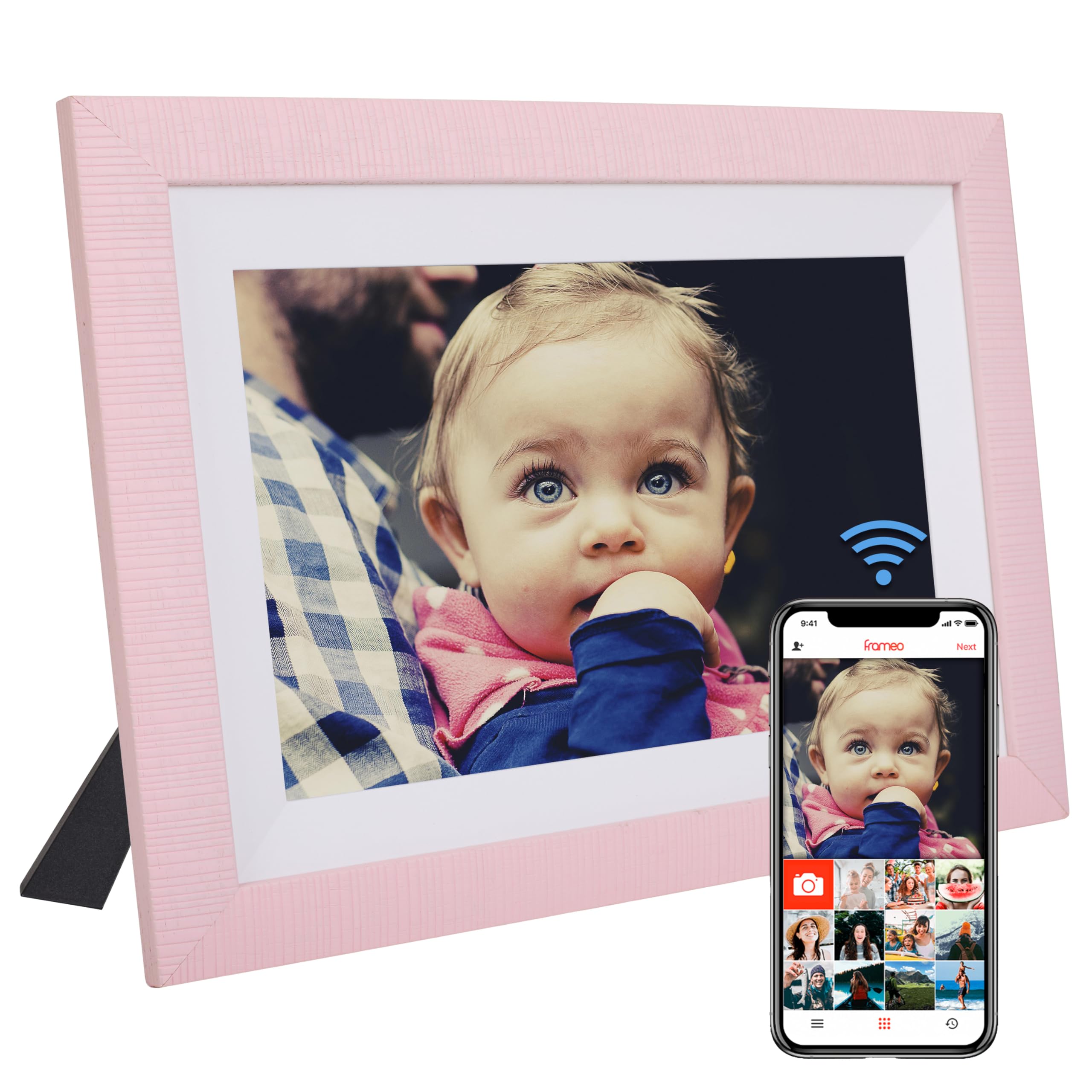 Cadre Photo Naissance numérique - Cadeau Naissance Fille Album Naissance bébé 32 Go de mémoire Écran Tactile 10,1" Livre de Souvenirs cartagez des Souvenirs en Toute sécurité avec Frameo (Rose)