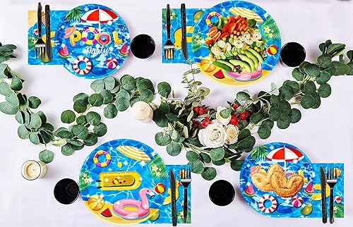 Miniatura 7 de Juego de 150 suministros para fiesta en la piscina, suministros para fiesta en la playa, platos y servilletas de 9 y 7 pulgadas, cuchillos,