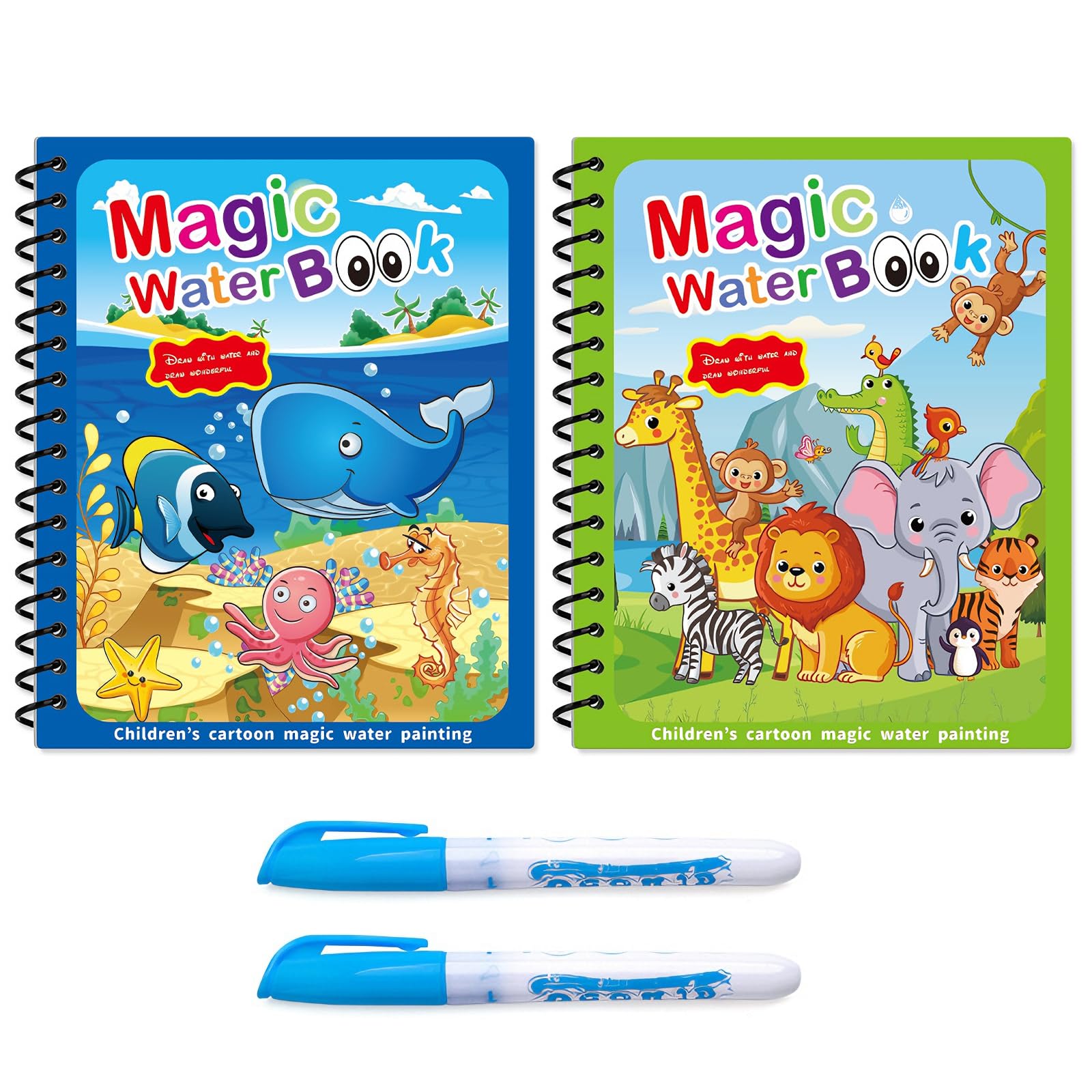 2 Pcs Magic Water Colouring Books, Water Painting Books, Reusable Animal Magic Painting Book for Kid with 2 Pcs Water Pen, Mess Free Painting Animal Cartoon Coloring Book for Kids Early Education