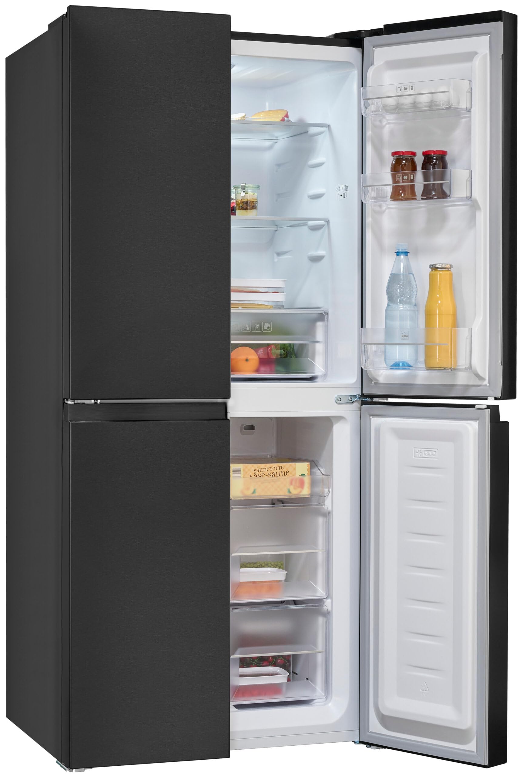 Exquisit® Frigorífico Americano 4 Puertas, 421L, Inox Oscuro, Clase C, No-Frost Total, Control Electrónico, Congelación Rápida, Función Vacaciones, Medidas (180,0 x 79,5 x 70,0 cm)