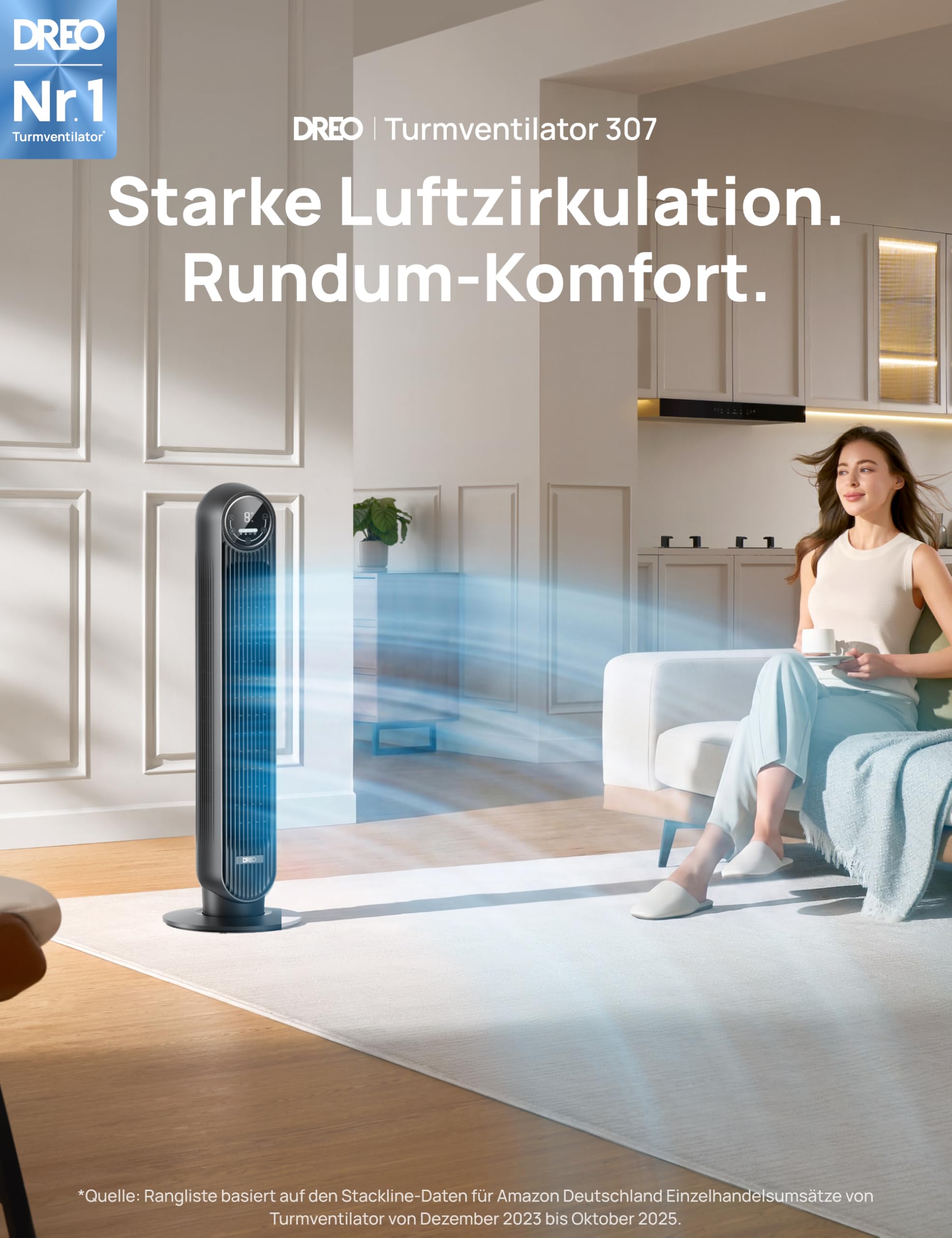 DREO Turmventilator 10 m Wurfweite 4 Geschwindigkeitsstufen 8 Std. Timer 90° oszillierend Fernbedienung Schwarz