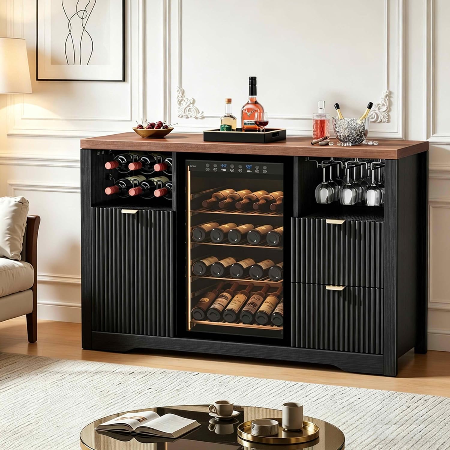 Leteuke Coffee Bar Cabinet with Fridge Space, 53" L Kitchen Wine Cabinets with Storage Drawer, Wood Buffet Sideboard Table Station, Fluted Liquor Cabinet with Wine Rack for Home, Living Room-Black