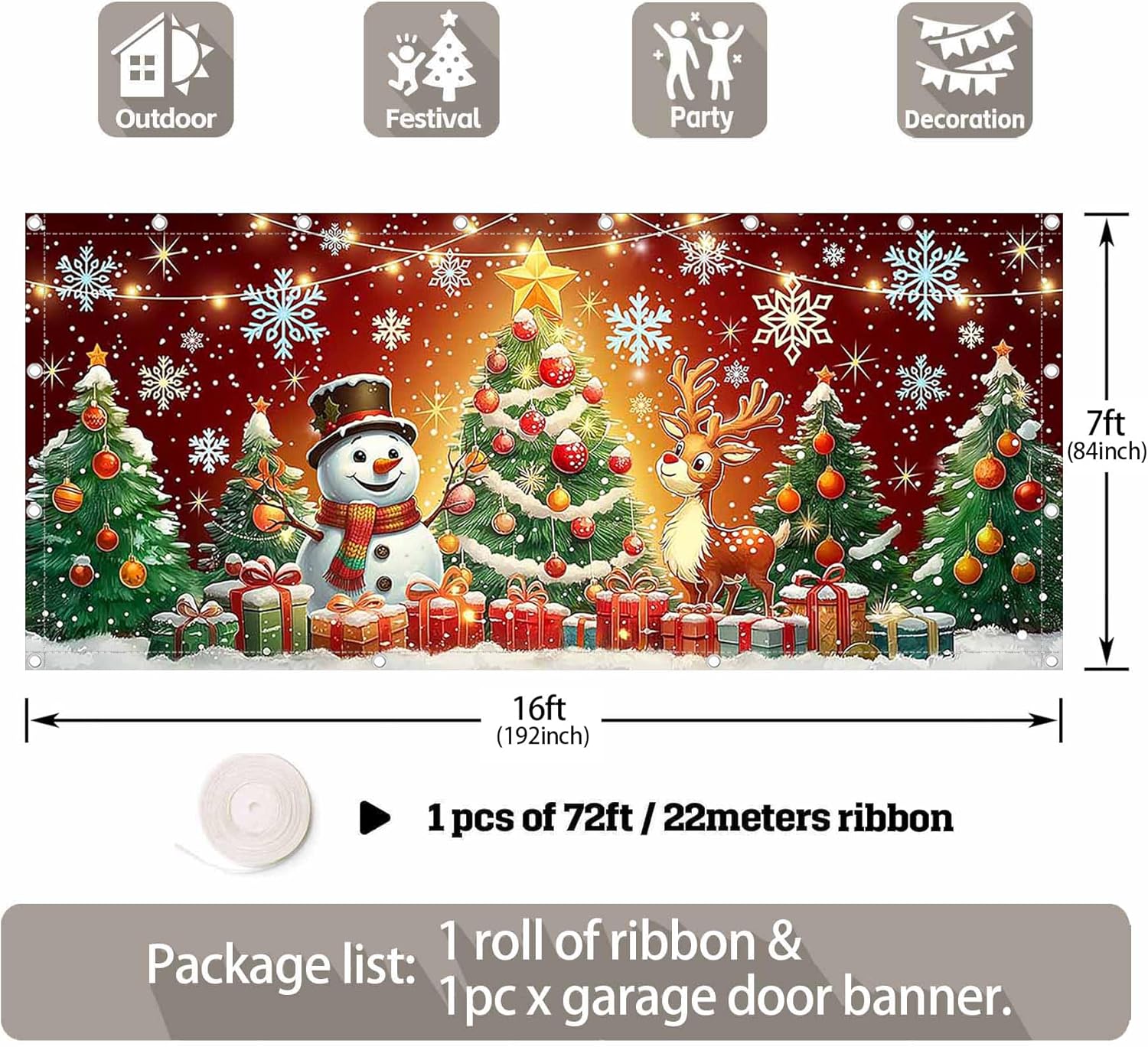 ZTHMOE 1PC 16x7ft Christmas Garage Door Banner Decorations Snowman Xmas Tree Snowflake Gift Photography Backdrop Home Outdoor Indoor Wall Cover Holiday Party Supplies