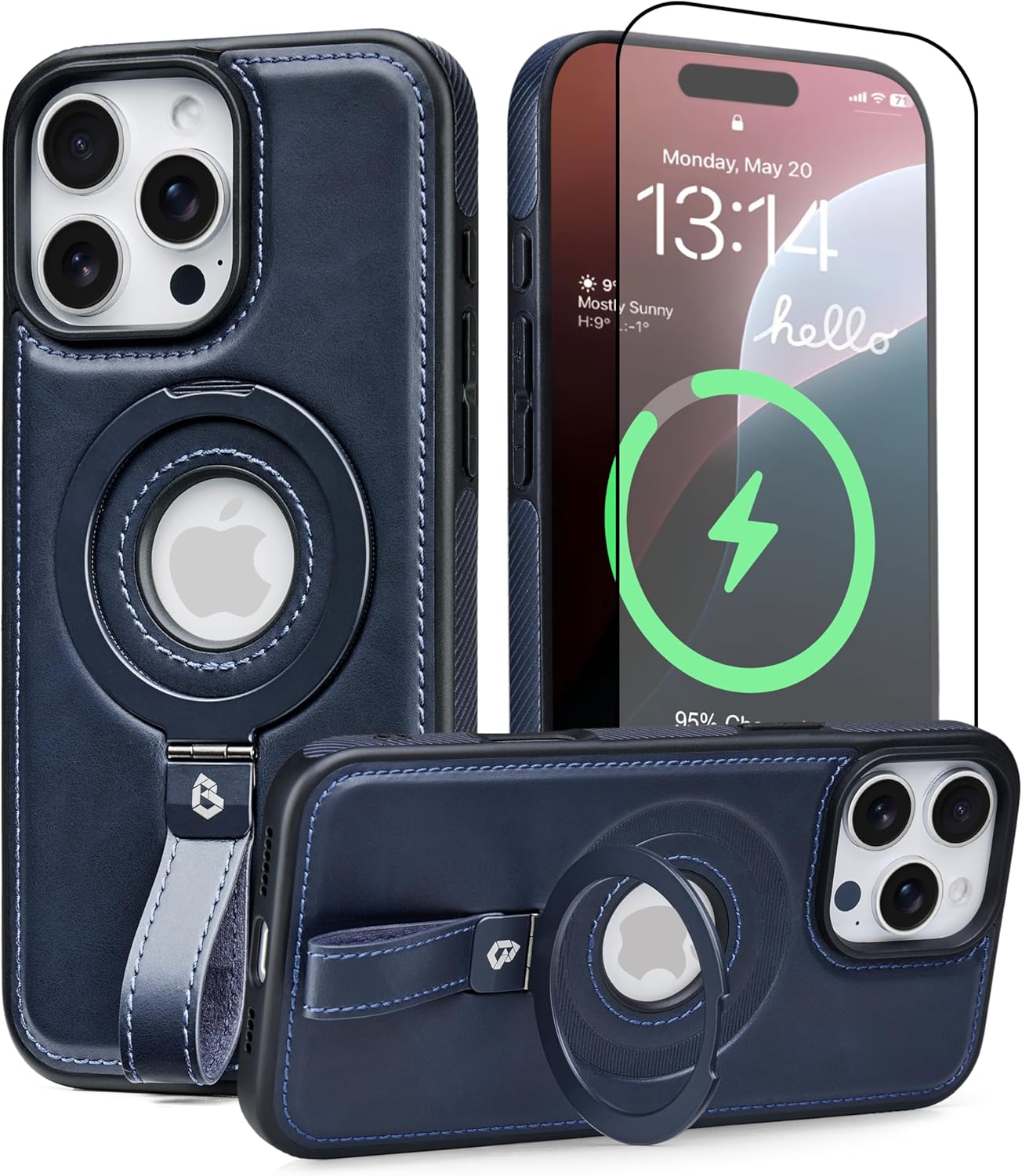Magnetic Ring Grip Holder for iPhone 14 Pro Case Leather | iPhone 14 Pro Leather Case with Stand | Compatible with MagSafe (Blue, IP 14 Pro-6.1inch) IP14 Pro Blue