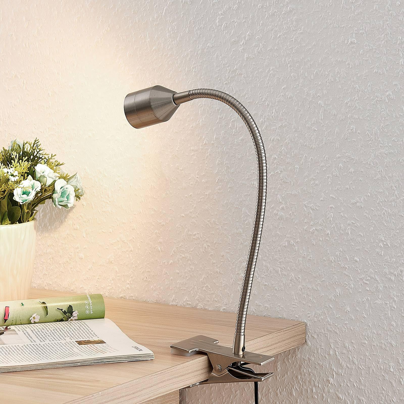 Lindby Bombillas LED lámpara de pinza en níquel satinado, luz lectura | moderno, 3000 k blanco cálido, con pinza para oficina, espacio de trabajo, dormitorio