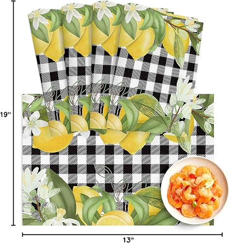 Miniatura 8 de Juego de 4 manteles individuales de verano con diseño de limón, lavables, de PVC, color negro y blanco, a cuadros amarillos, manteles individuales