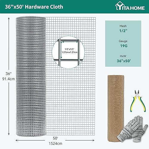 Miniatura 2 de YITAHOME Malla de alambre galvanizado de 35.8 in x 51.5 ft, rollo de alambre de pollo calibre 19 de 12 pulgada