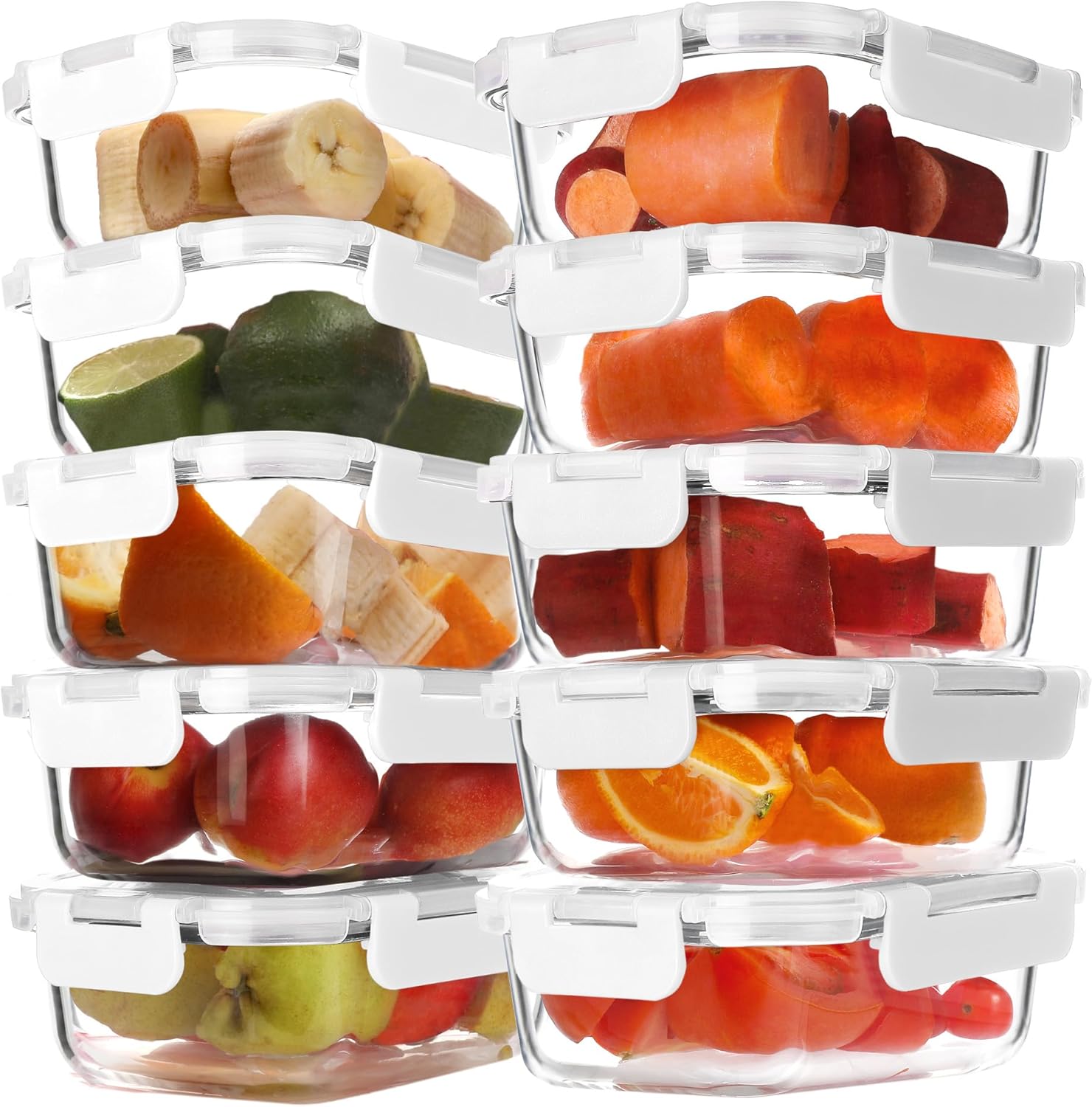 BAYZZ 10 Pack 22 oz Glass Meal Prep Containers, Glass Food Storage Containers with Airtight Lids, BPA-Free, Freezer and Microwave Safe, White