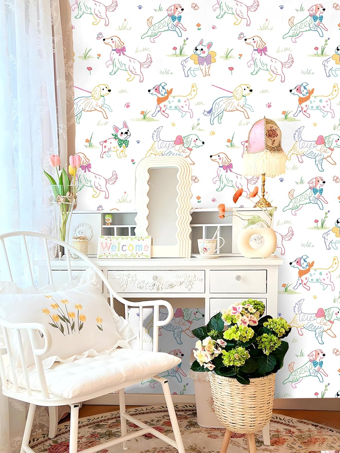 Floralplus Peel and Stick Dog Wallpaper Funny Puppy Removable Wallpaper Renter Friendly Modern Dog Wallpapers for Bathroom Floral Self Adhesive Contact Paper for Nursery Cabinet 17.5 x 118 in