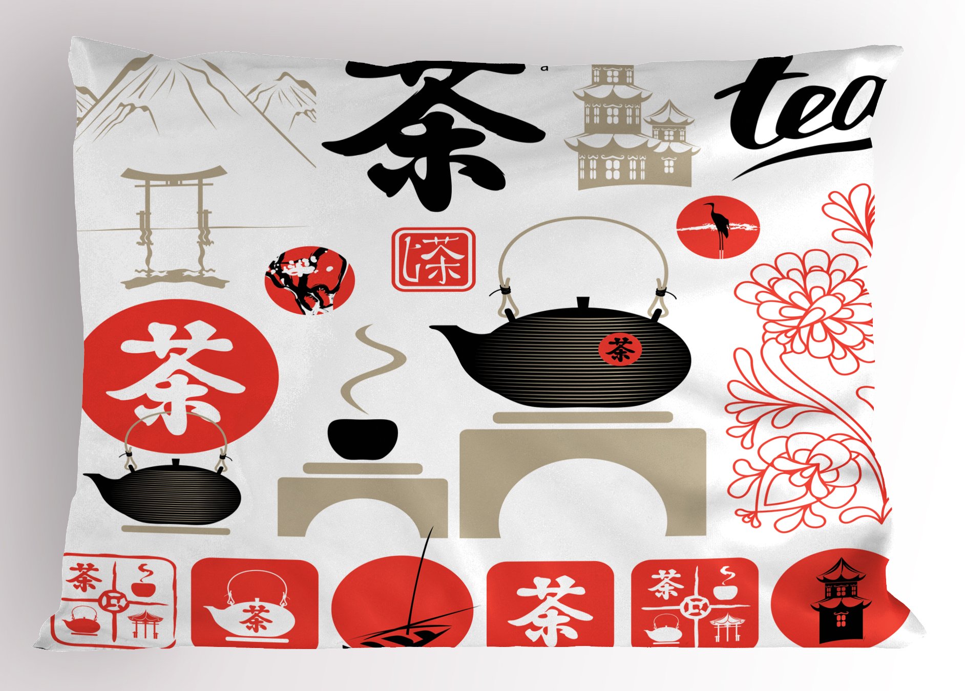 Ambesonne Tea Party Pillow Sham, Japanese Design with Cultural Elements Flowers Fuji Mountain Tea Pot, Decorative Standard Queen Size Printed Pillowcase, 30