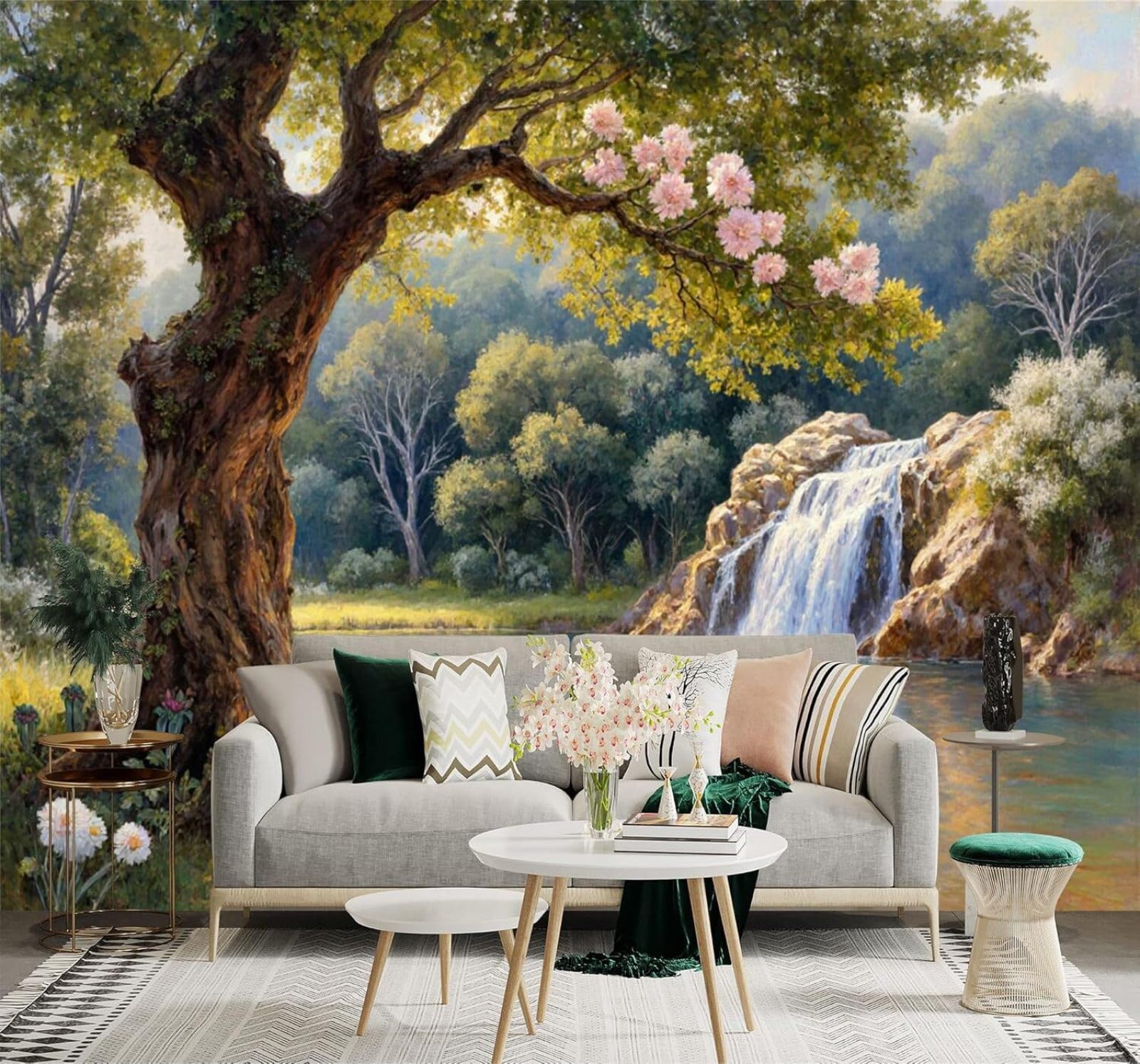 XLMING Serene Rivers Waterfalls Blossoming Trees Forest Scenery 3D Wallpaper Premium Textured Silk Study Dining Living Room Bedroom Sofa TV Wall Easy Install-400cm×280cm