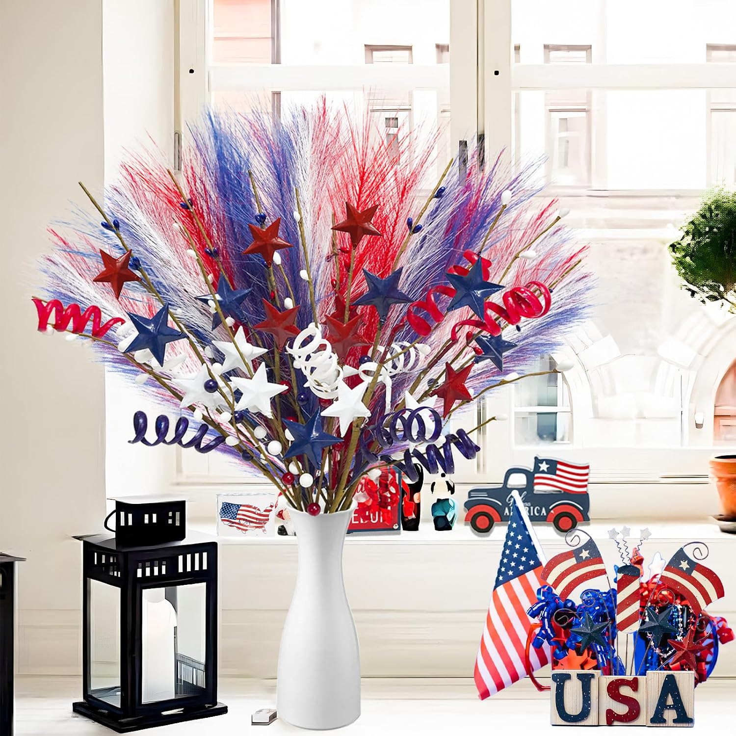 18 Pcs 4th of July Decorations, Patriotic Faux Floral Stems Branches Red White and Blue Berry Picks with Stars for Independence Day Memorial Day Party Home Office Desk Vase