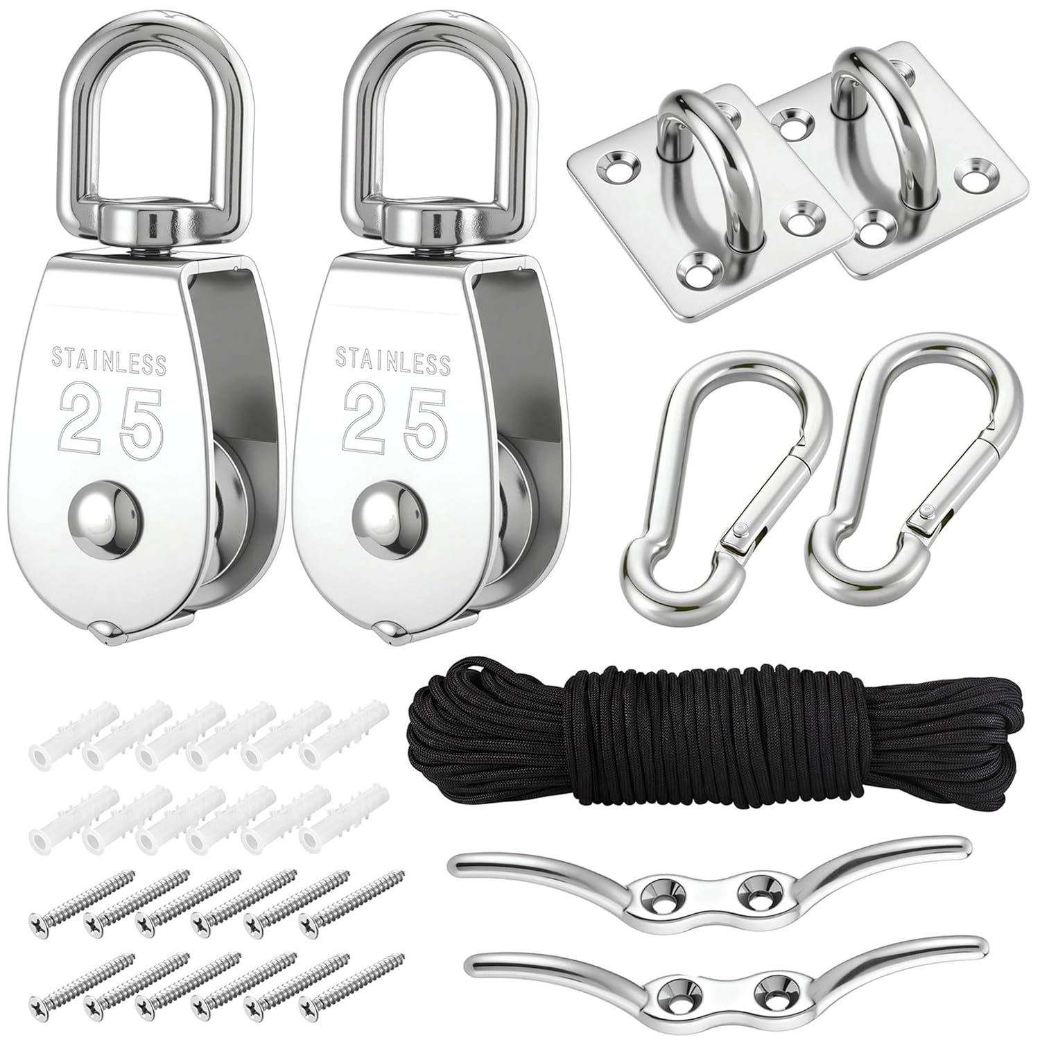 Mornajina 2 Sets M15 Cable Pulley System for Lifting Hanging, Including Heavy Duty Stainless Steel Single Pulley Block with 66FT Nylon Rope, Snap Hooks, Eye Pad Plate, Rope Cleat Hook, Loading 77lb