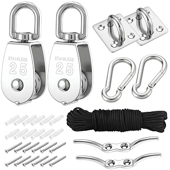 2 Sets M25 Cable Pulley System for Heavy Duty Lifting with 66FT Nylon Rope