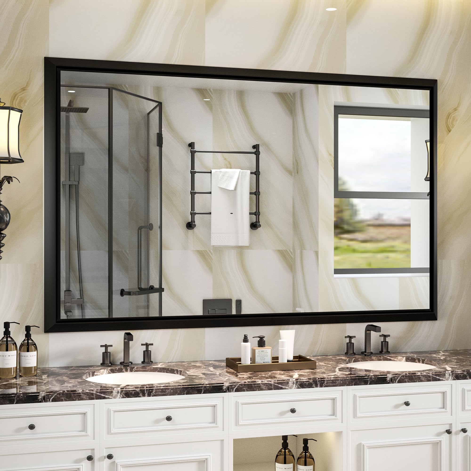 PILOCOS 48 x 30 Inch Black Framed Mirror for Bathroom, Matte Black Rectangular Bathroom Mirror for Vanity, Large Modern Farmhouse Wall Mirror with Aluminum Alloy Metal Frame (Horizontal/Vertical)