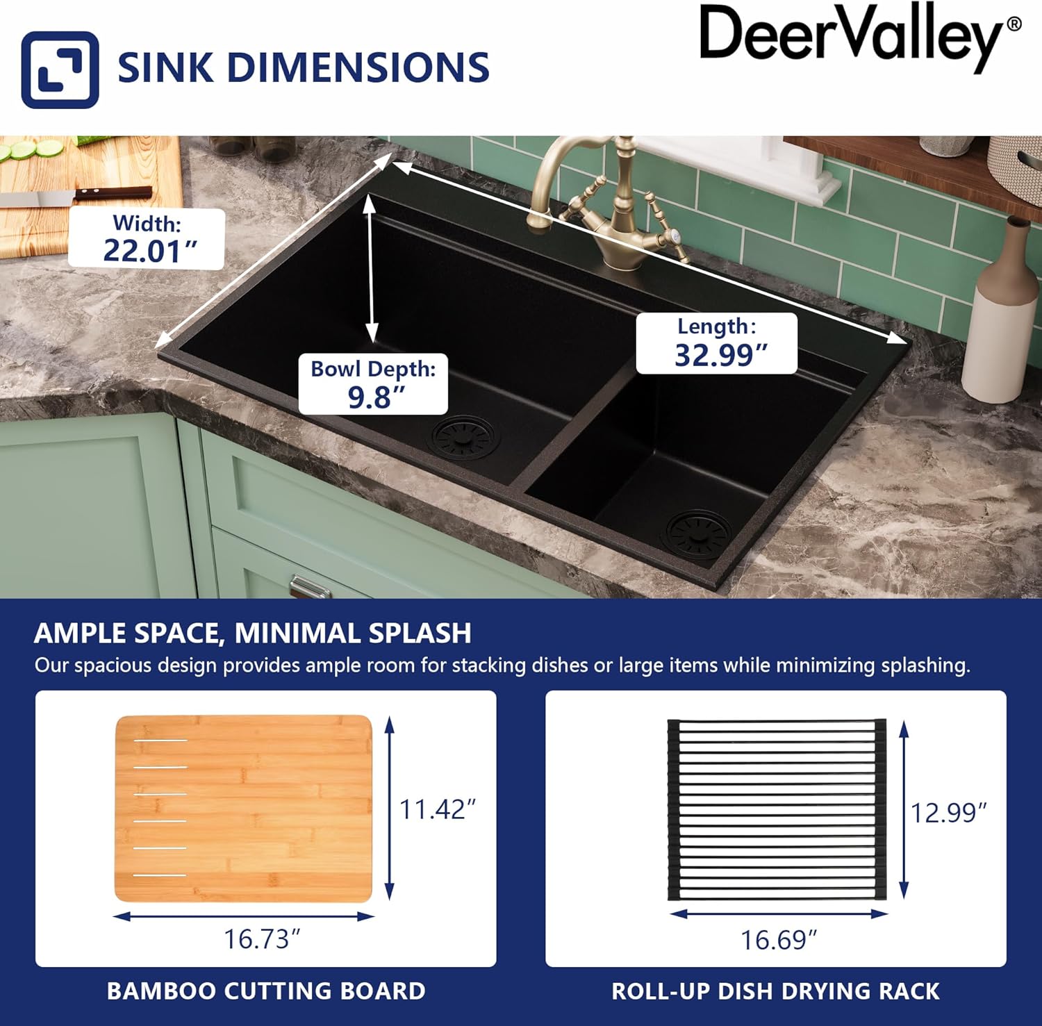 DeerValley Granite Composite Kitchen Sink 33 Inch, Double Bowl Drop-In Kitchen Sink, Large Matte Black Quartz Workstation Sinks with Accessories