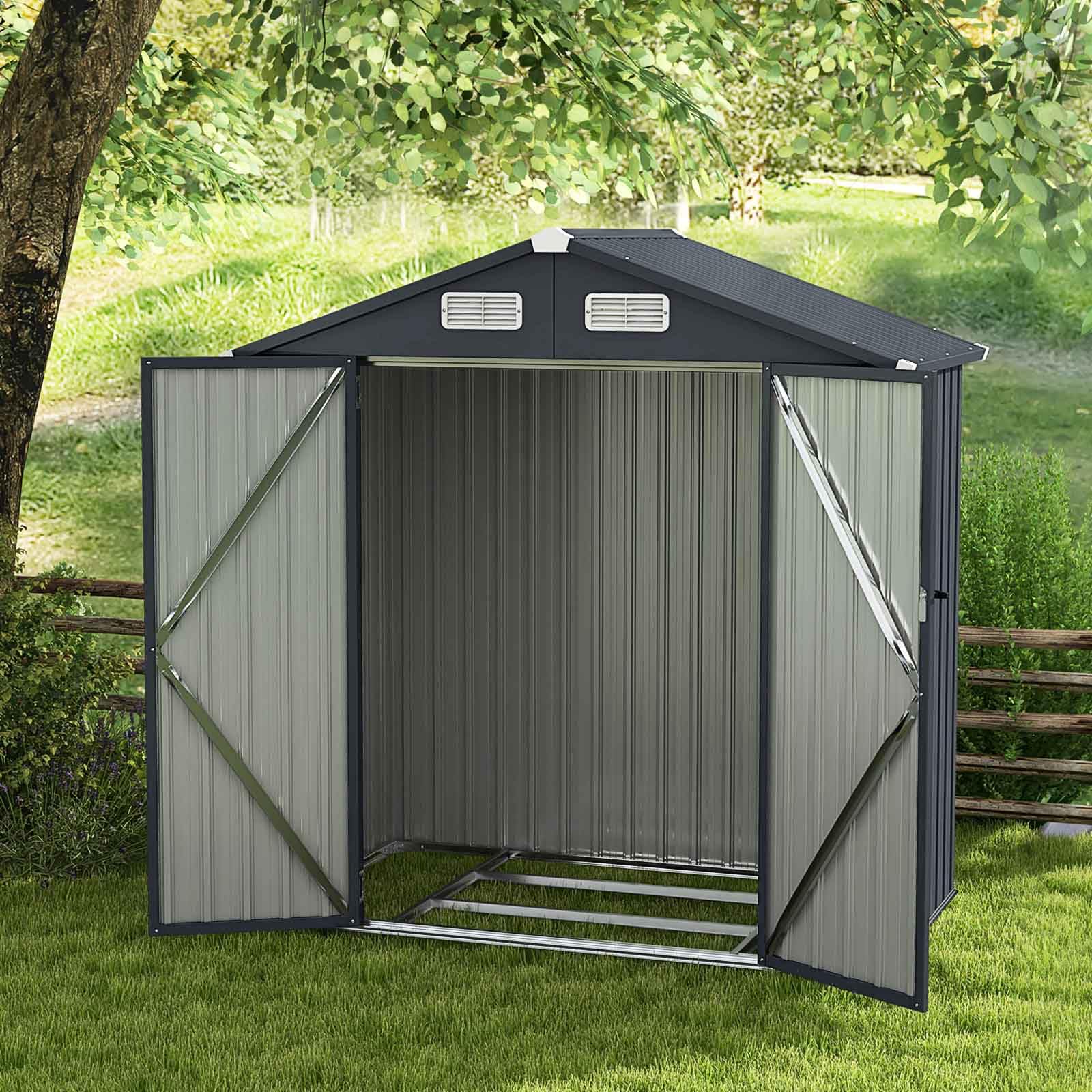 HOMASIS Gerätehaus Metall, Geräteschuppen mit Satteldach, 193x108x196cm, 3,44 m³, Gartenhaus mit 2 Tür & 2 Handschuhen & 4 Lüftungsfenster & Boden, Gartenschuppen Gartenhütte Outdoor wetterfest, Grau