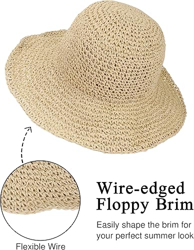 Miniatura 4 de Sombrero de paja para mujer, plegable, plegable, de ala ancha, para verano, playa, sombrero de ganchillo