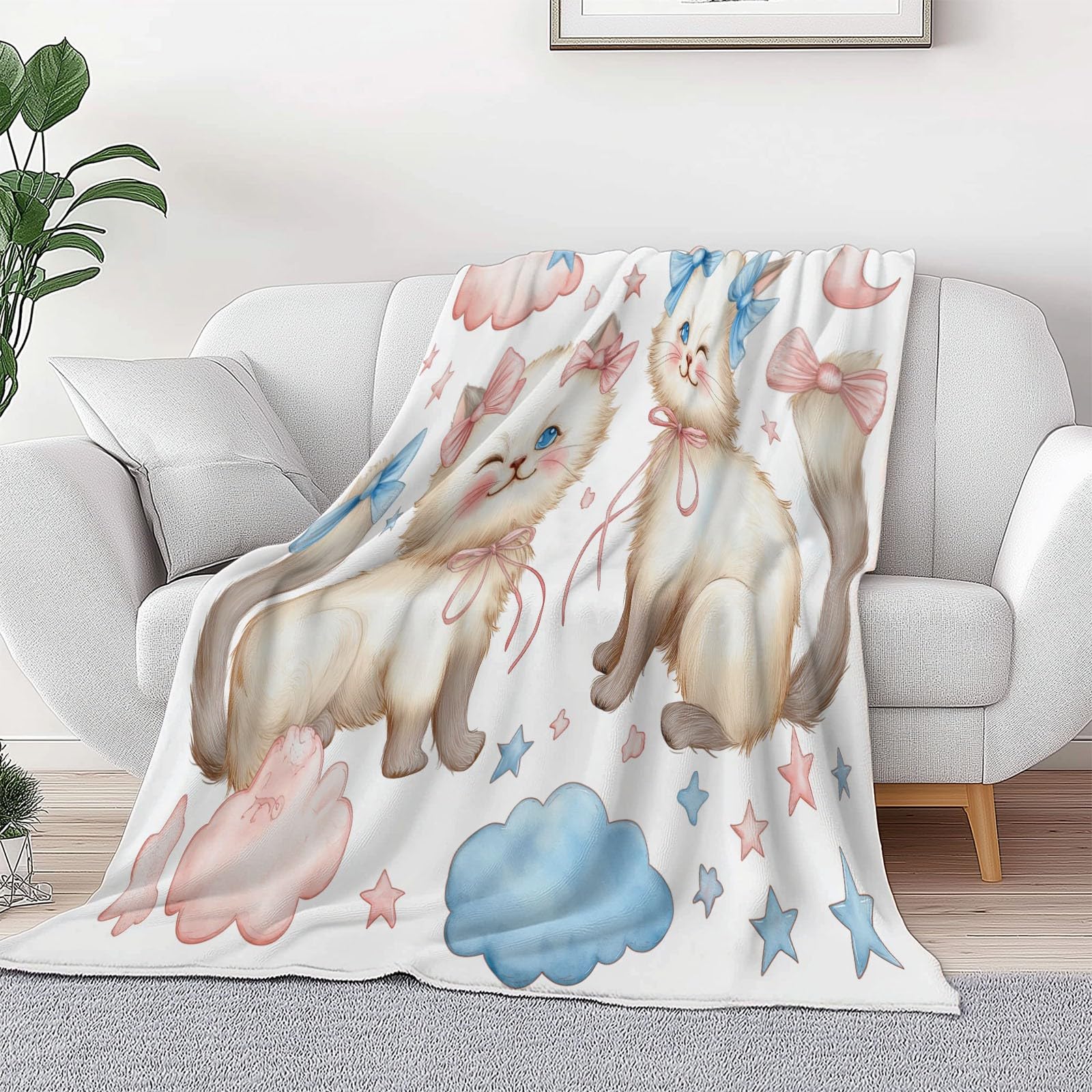 Kolorowa narzuta, fantazyjny, akwarelowy, koty, chmury, całoroczny, flanelowy, 221 x 240 cm, kolorowy, miękki i lekki, przytulny, puszysty, pluszowy, prezent, dla dorosłych, nastolatków i dzieci, 220