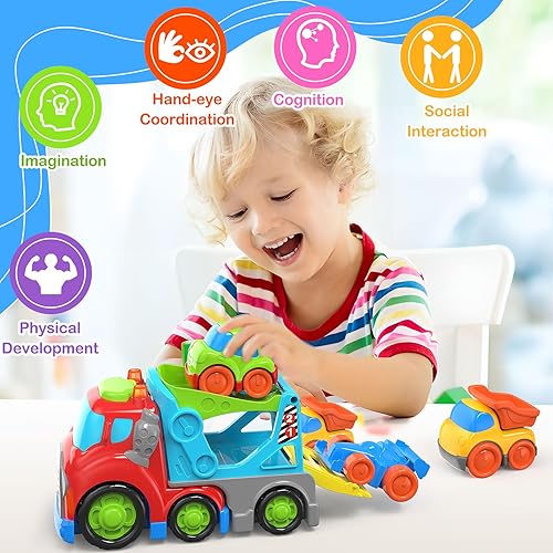 Miniatura 3 de Camión de juguete para niños de 1, 2, 3, 4 años, paquete de 4 camiones transportadores de vehículos urbanos juguetes con efectos de sonido y luces