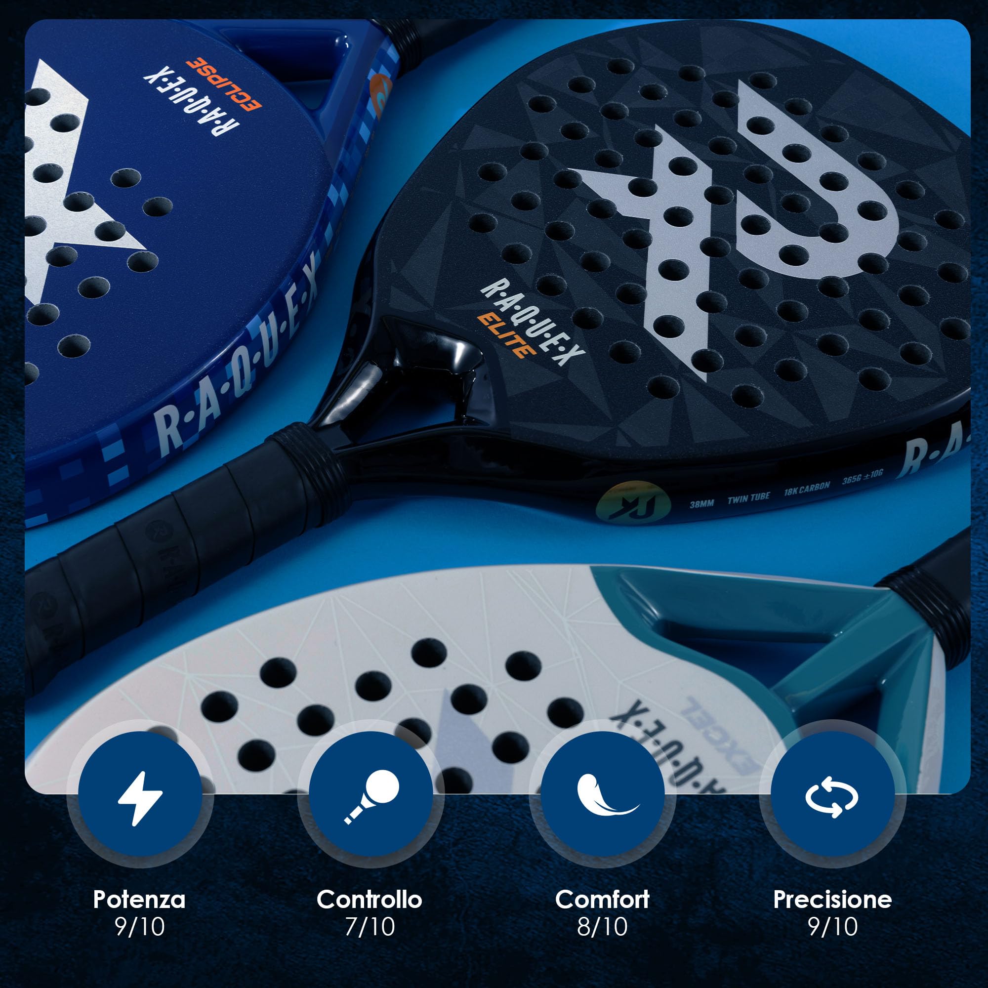 Racchetta da padel Raquex Elite - Racchetta avanzata - Telaio in carbonio 18K, nucleo reattivo in schiuma Eva 15 ImpactCore, forma a diamante, sistema twin tube per durabilità + cinturino da polso