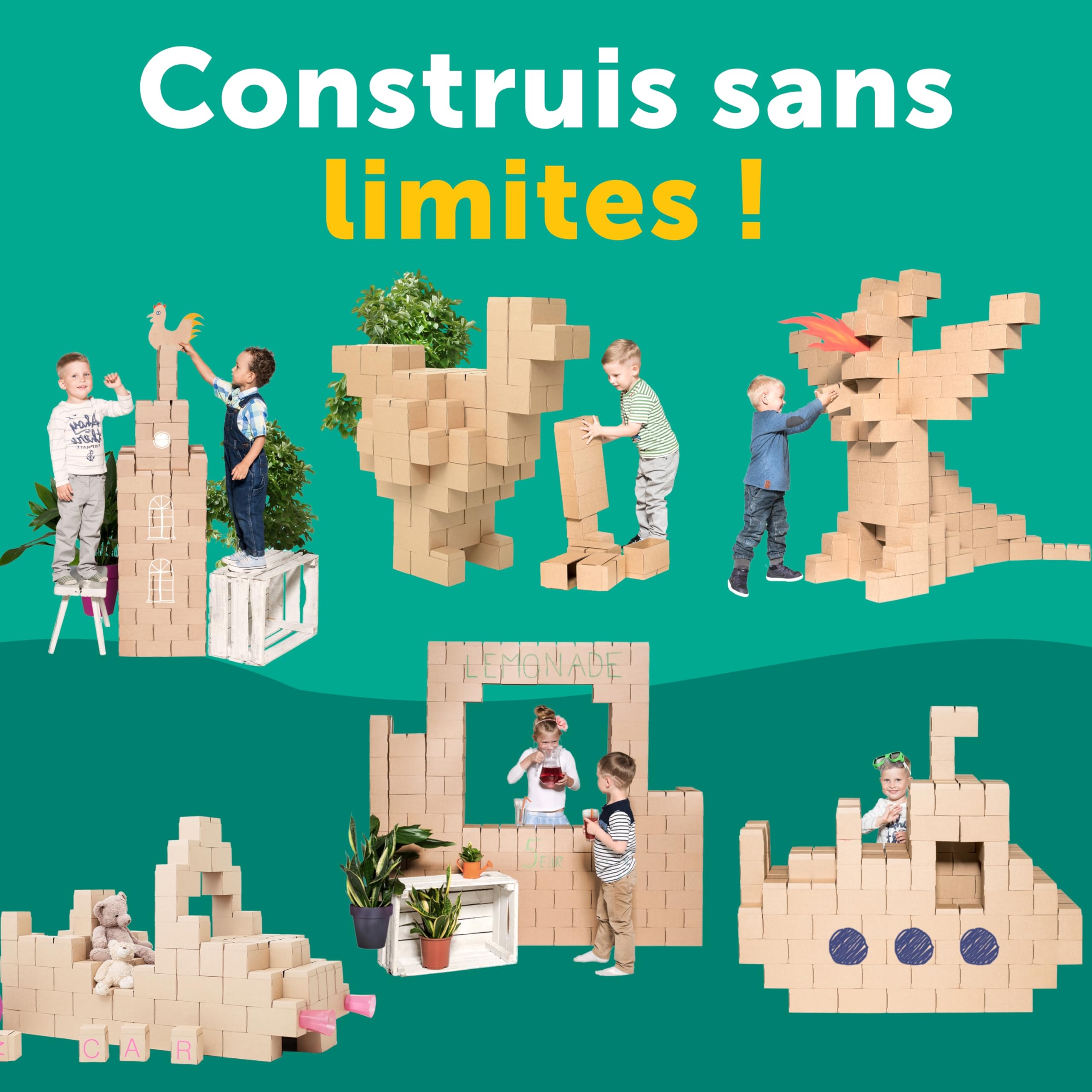 GIGI BLOKS Taille XXL 100 Briques Geantes en Carton Empilables & Emboîtables | Gros Bloc de Construction Enfant Robustes, Faciles à Assembler | Jeux de Construction Enfant Créatifs & Éducatifs