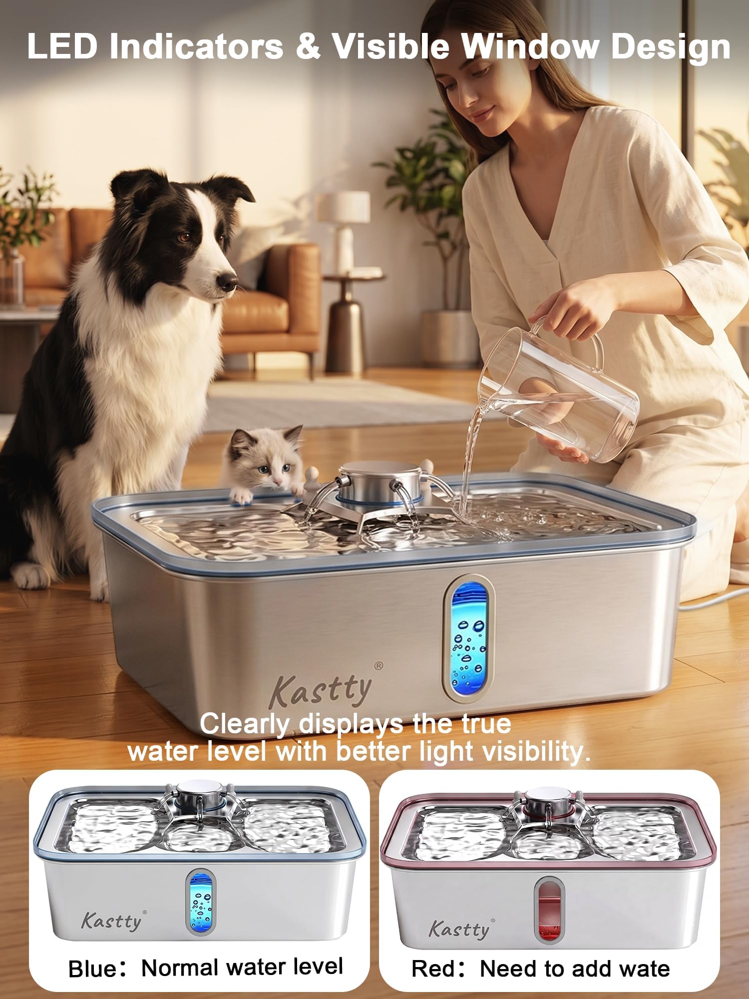 Kastty Fontaine à eau pour chien de 17 L, grande capacité en acier inoxydable, distributeur automatique silencieux avec lumière LED, facile à nettoyer pour grands chiens et animaux multiples FS84