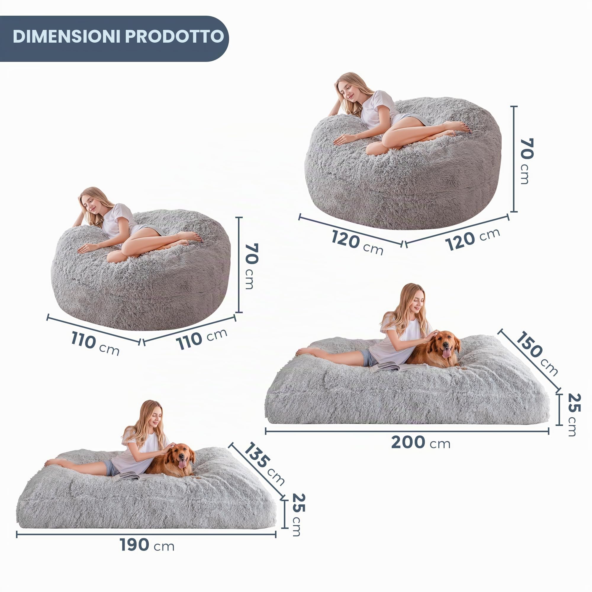 MAXYOYO Pouf gigante trasformabile da pouf a letto - grande divano con rivestimento in peluche e imbottitura soffice inclusa, per adulti e coppie (grigio, 150 x 200 cm)