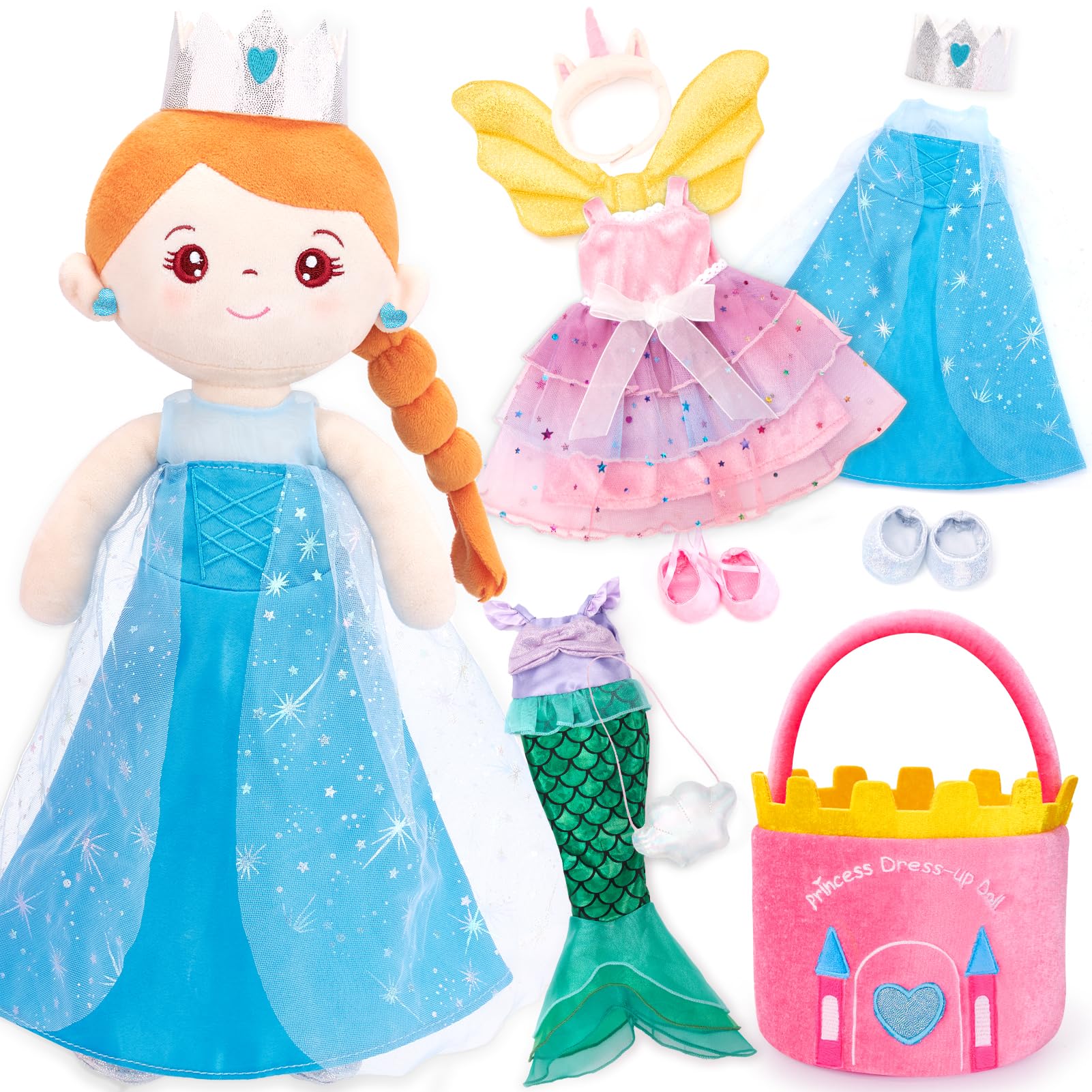 hahaland Regalo Bambina 3 4 5 6 Anni, 3 in 1 Set Vestire la Bambola | 34.5cm Peluche Principessa, con Borsa e 3 Abiti, Giochi Bimba 3-6 Anni Femmina