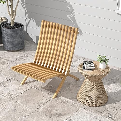 Miniatura 2 de Tangkula Silla plegable para patio, silla de madera de teca para exteriores con asiento y respaldo de rejillas, silla de hoguera de perfil bajo para