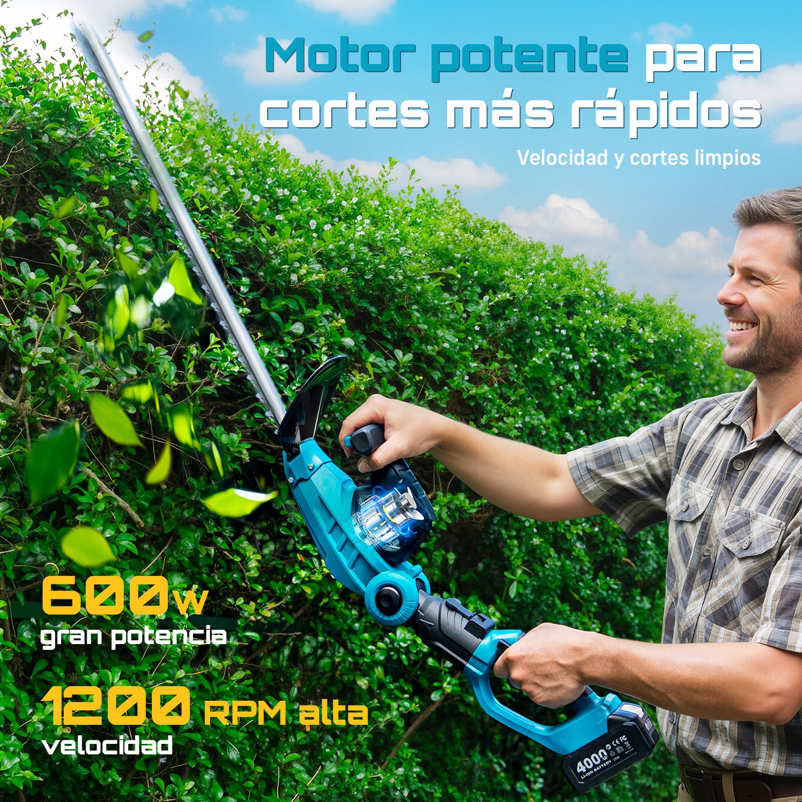 SEESII Cortasetos a Batería 2 en 1, Cortasetos Telescópico con Hoja Doble de 53 cm, Alcance Máximo de 2,6 m, Capacidad de Corte de 18 mm, 2 Baterías de 4,0 Ah, Ideal para Árboles y Arbustos del Jardín