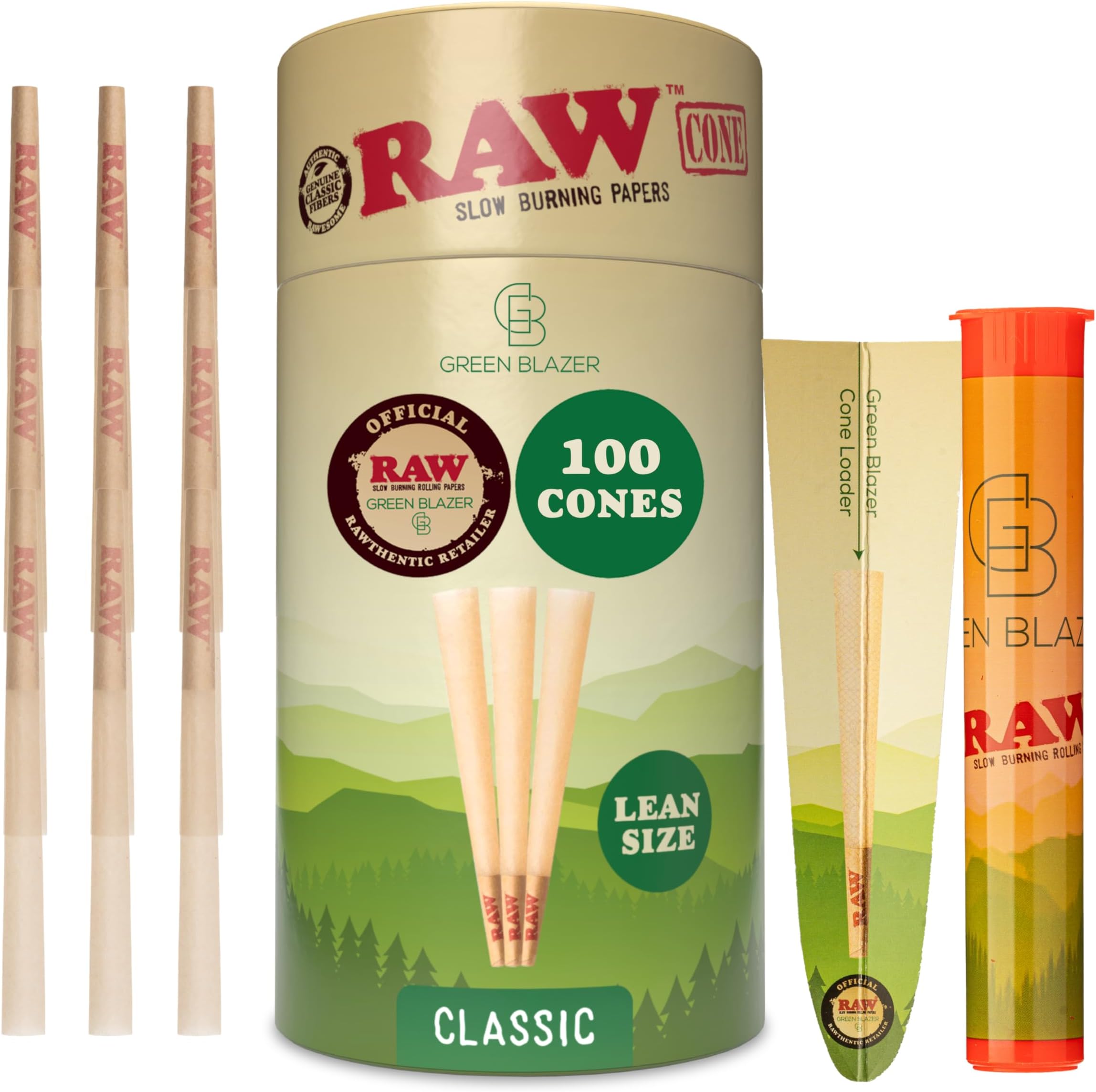 Cones Lean Size: 100 Pack Slim Pre Rolled Rolling Papers & Tips, Classic Flavor, Slow Burning Rawthentic Paper, 109mm