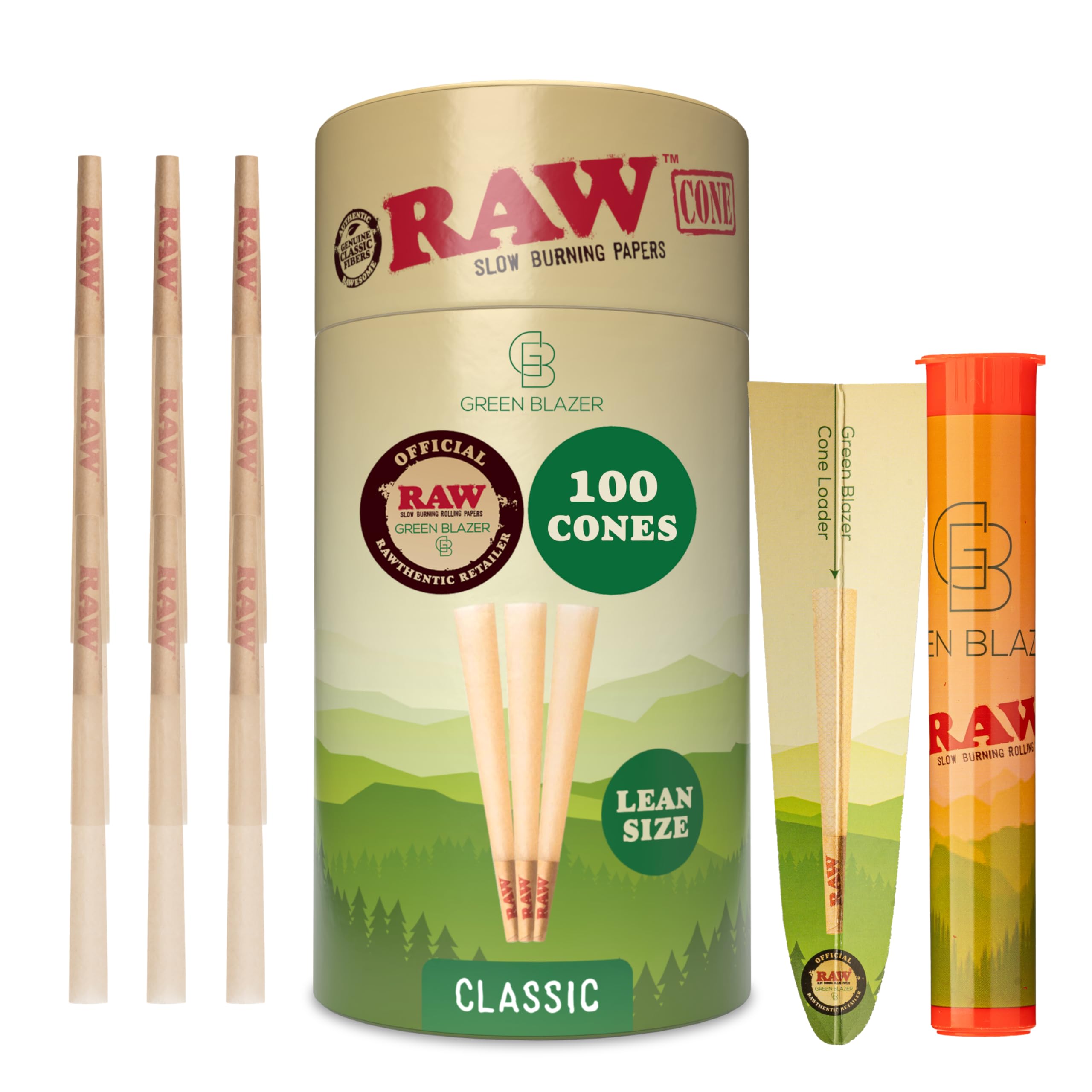 RAW Cones Lean Size: 100 Pack Slim Pre Rolled Rolling Papers & Tips, Classic Flavor, Slow Burning Rawthentic Paper, 109mm