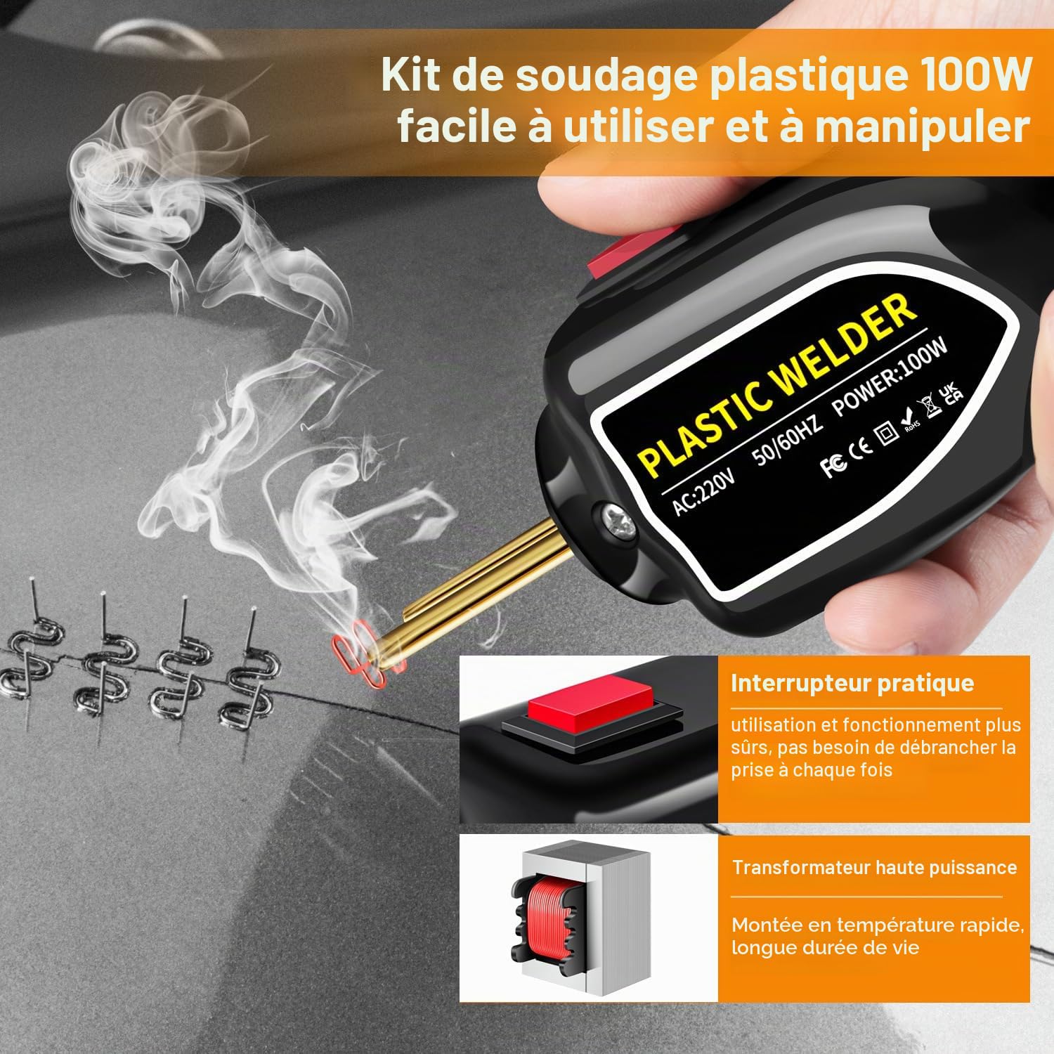 Machine de soudage en plastique 100W, kit de réparation de pare-chocs de voiture, agrafeuse à chaud avec 200 clous de soudage, plat/coin extérieur/coin intérieur/boucles