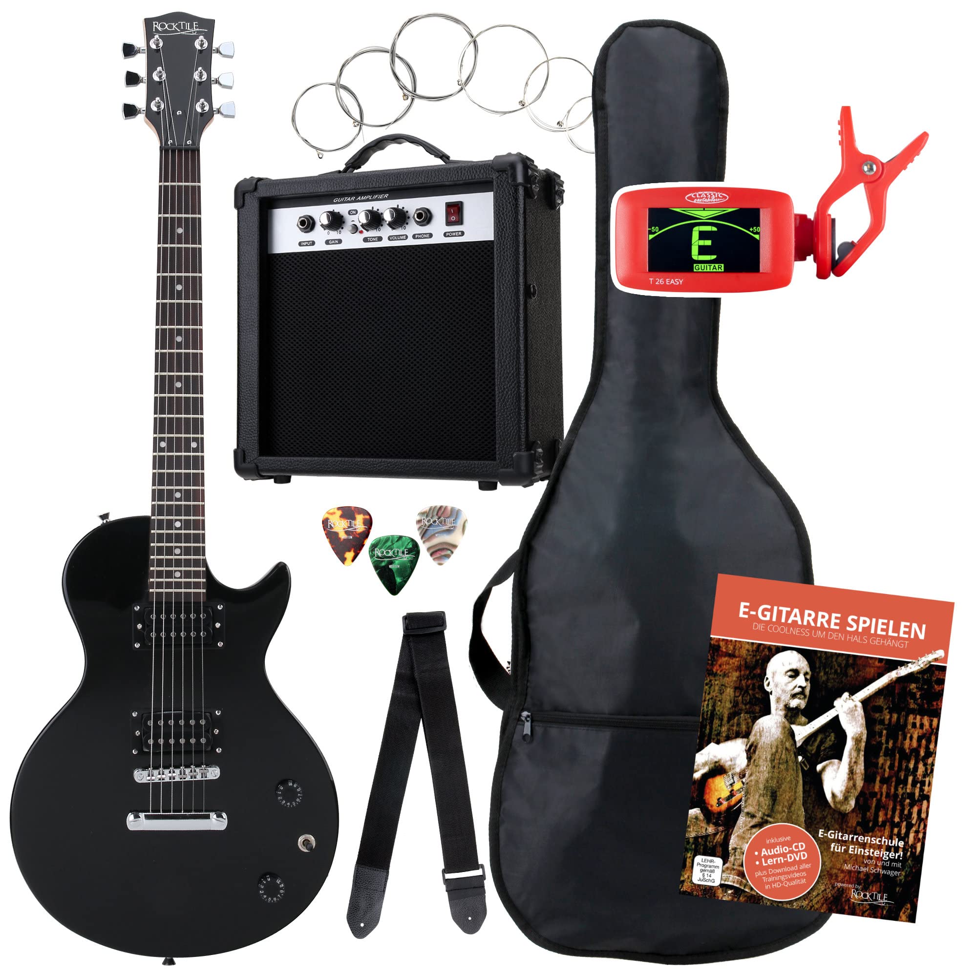 Rocktile Single Cut Pack Komplettset Power E-Gitarre Schwarz (Verstärker, Stimmgerät, Tasche, Kabel, Gurt, Plecs, Ersatzsaiten und Schule mit CD/DVD)
