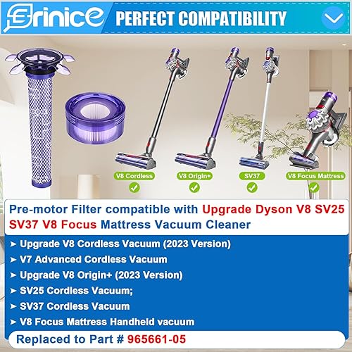 Miniatura 6 de Filtro de repuesto V8 Plus mejorado para Dyson V8 V7 SV25 SV37 V8 Animal/Extra/Absoluta Aspiradora Inalámbrica, 2 Postes + 2 Filtros de Premotor de