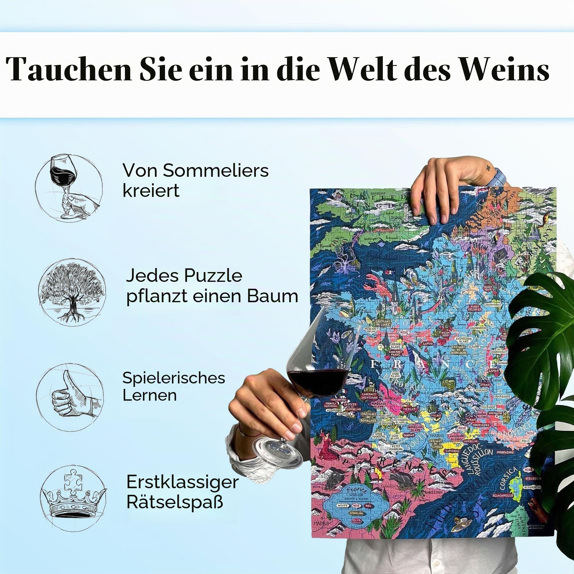 Wine Puzzle Frankreich – spannendes und pädagogisches Puzzle 1000 Teile für Erwachsene – einzigartige handgezeichnete Puzzlekarte der französischen Weine