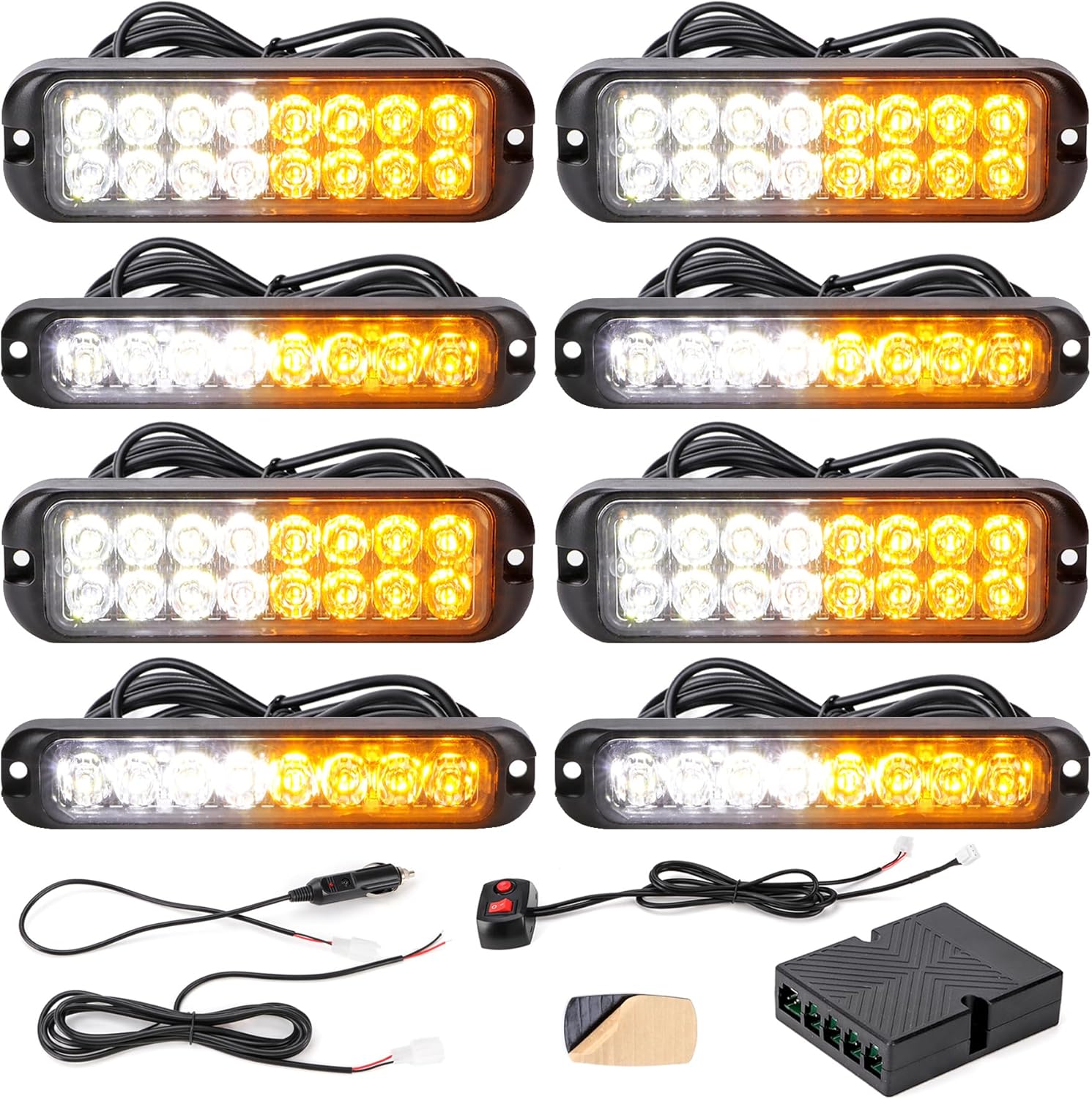 8PCS LED Amber White Strobe Lights Kit 8-LED 16-LED Sync Feature Ultra Slim Emergency Hazard Warning Flashing Caution Light Surface Mount for Construction Trucks Vehicles ATV RV Cars Waterproof