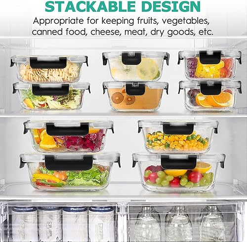 Miniatura 5 de 34 recipientes de vidrio para almacenamiento de alimentos con tapas, recipientes herméticos de vidrio para preparación de comidas (17 recipientes y