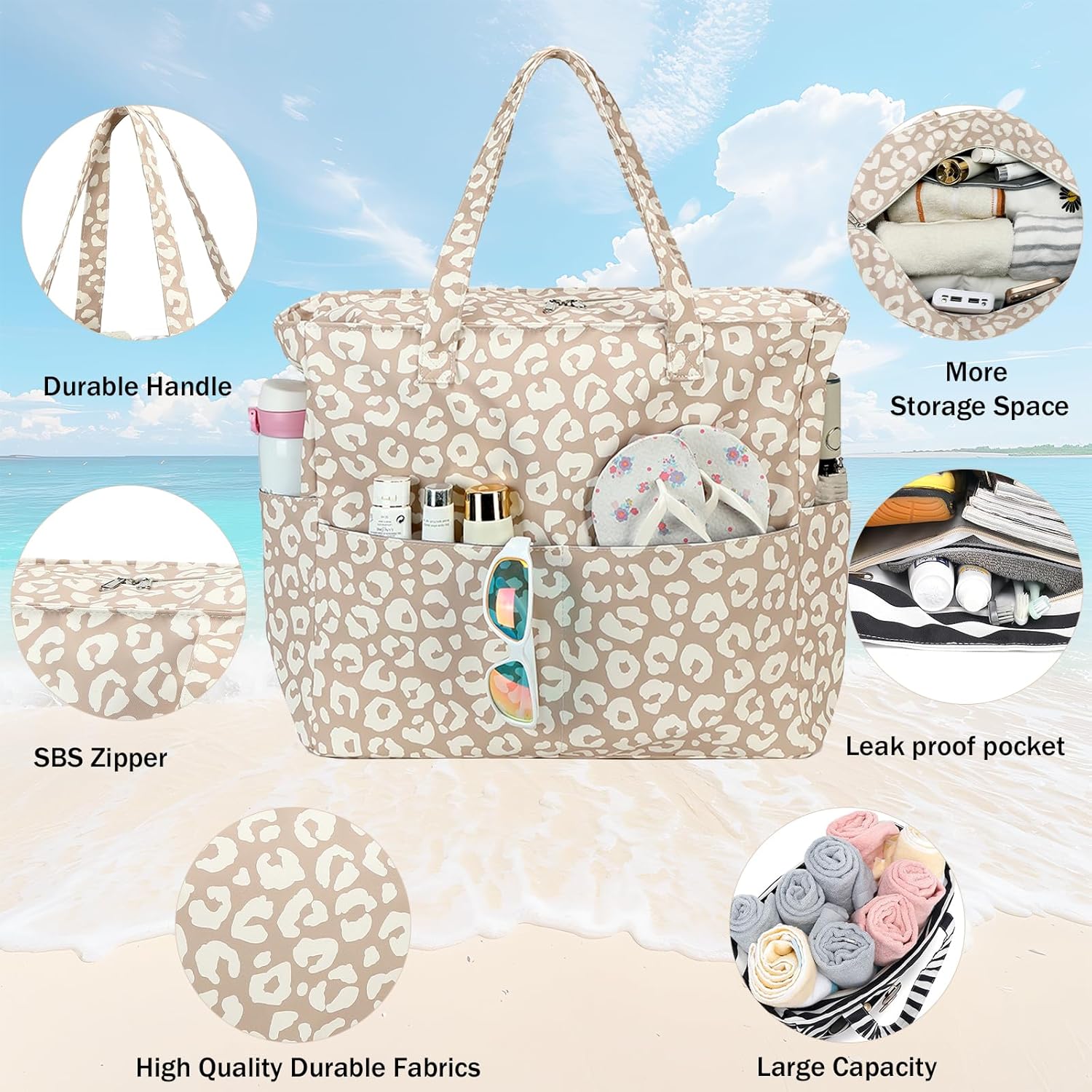 LEDAOU Large Beach Bag Women Waterproof Sandproof Zipper Beach Tote Pool Bag for Gym Grocery Travel with Wet Pocket | Waterproof, Sandproof, Zipper, Pool, Gym, Grocery - Image 4