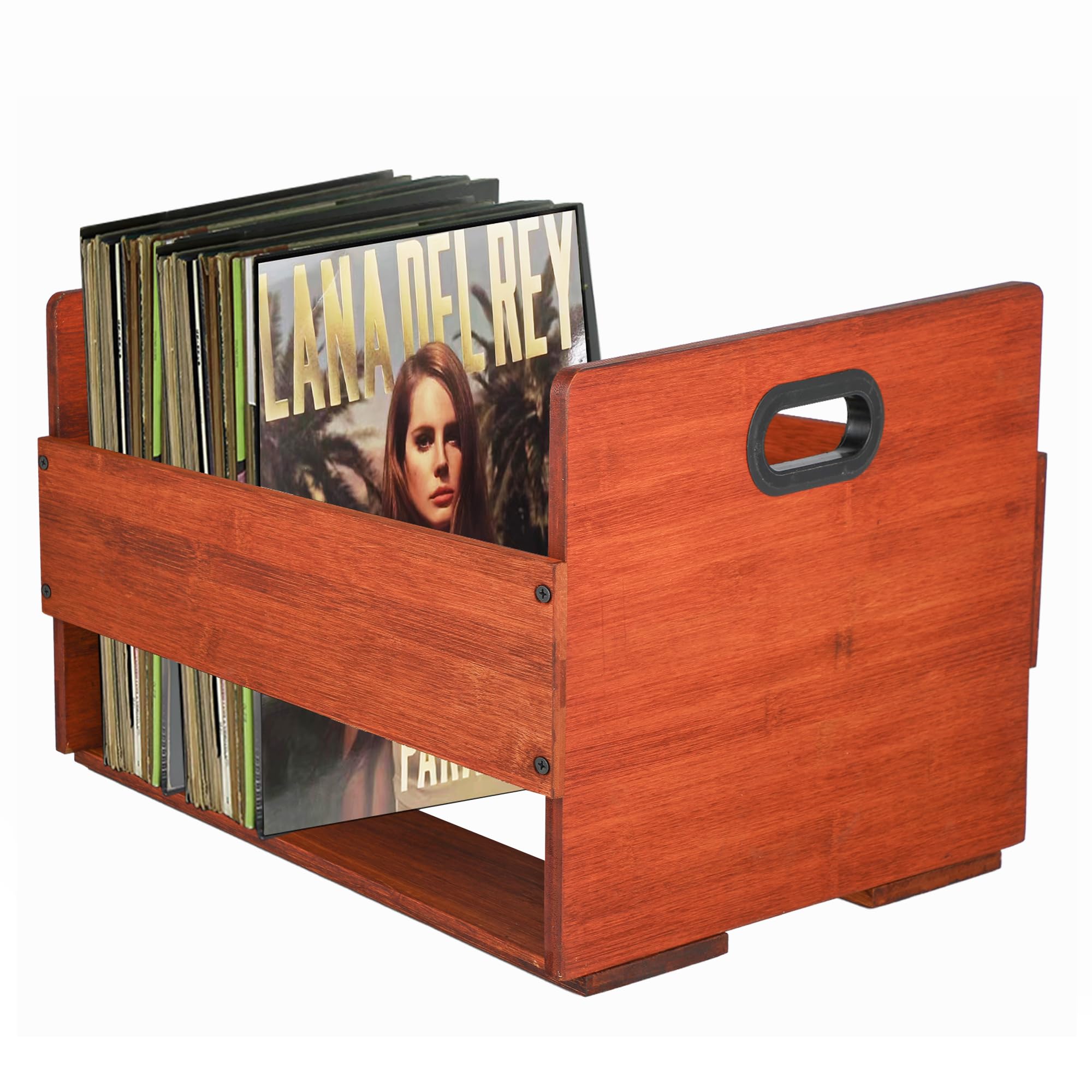 Vinyl Record Storage Crate Wooden LP Record Holder with Handle Album Storage Organizer Box Holds up to 65 Records Easy to Assemble