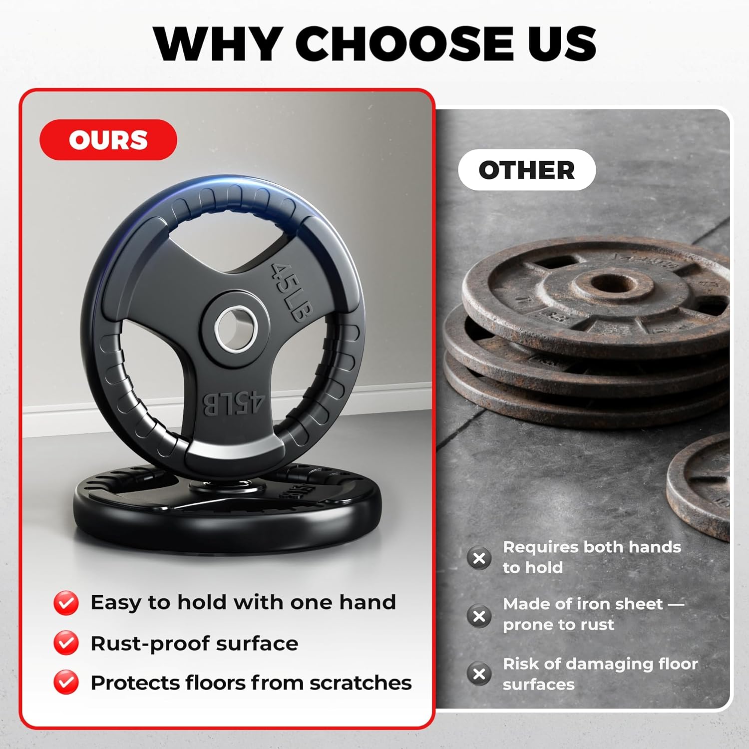 Rubber Weight Plates, 2-Inch Olympic Grip Weight Plates, Strength Training Plates for Barbell, Cast Iron Plate for Weight Lifting, Weights Plates Set (2.5/5/10/25/35/45 LB) for Home & Gym