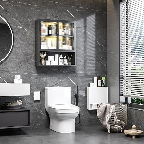 Miniatura 14 de Armario de pared de baño, botiquín de metal con puertas de vidrio estriado, armario montado en la pared sobre el inodoro, armario pequeño negro con