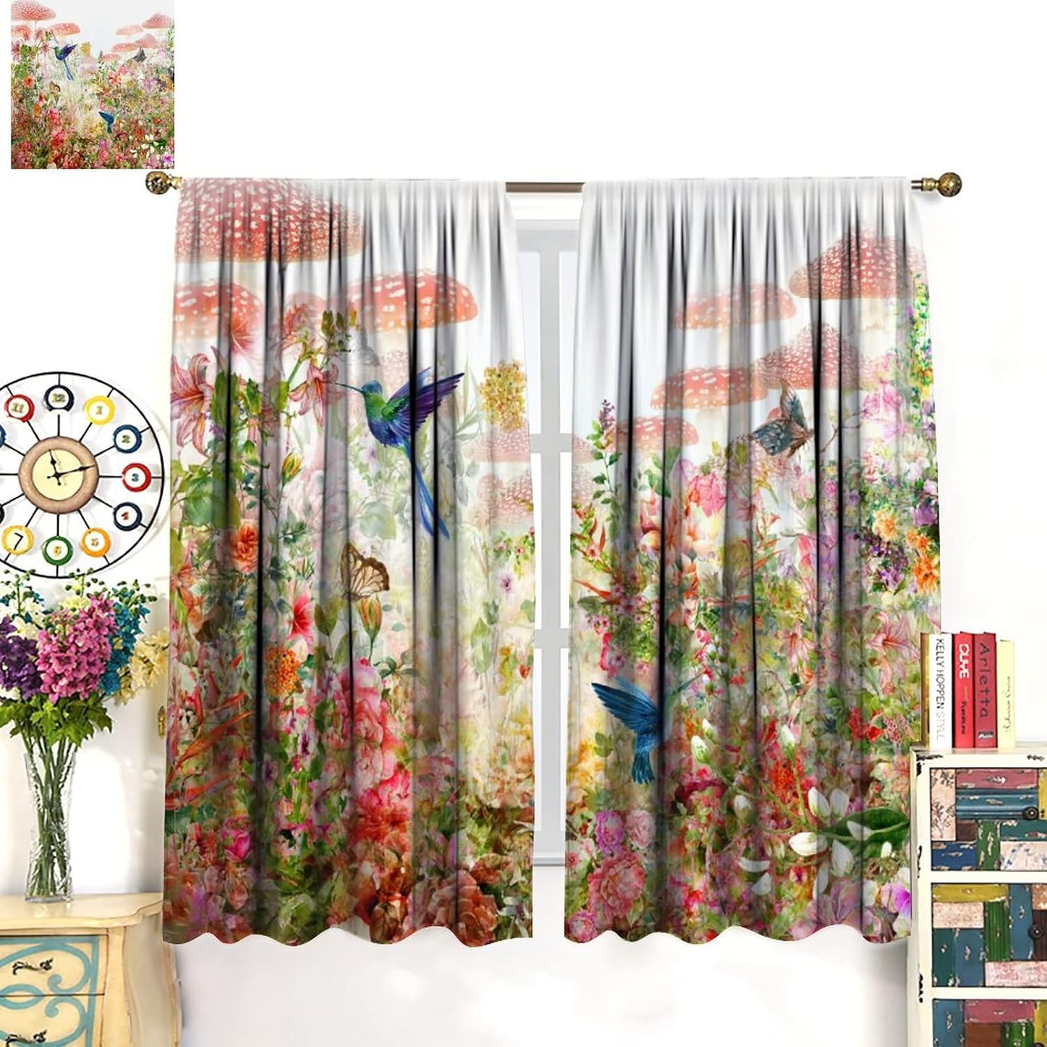 Hummingbirds Flowers Blackout Curtains,Watercolor Vintage Butterfly Floral Mushrooms Bird Window Curtains Rod Pocket Thermal Insulated Room Darkening Blackout Curtains 2 Panels 63L x 36W
