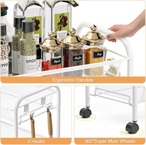 Miniatura 5 de TOOLF Carrito rodante de 4 niveles, carrito de metal con 3 ganchos, carrito de almacenamiento móvil fácil de montar sobre ruedas, estanterías de