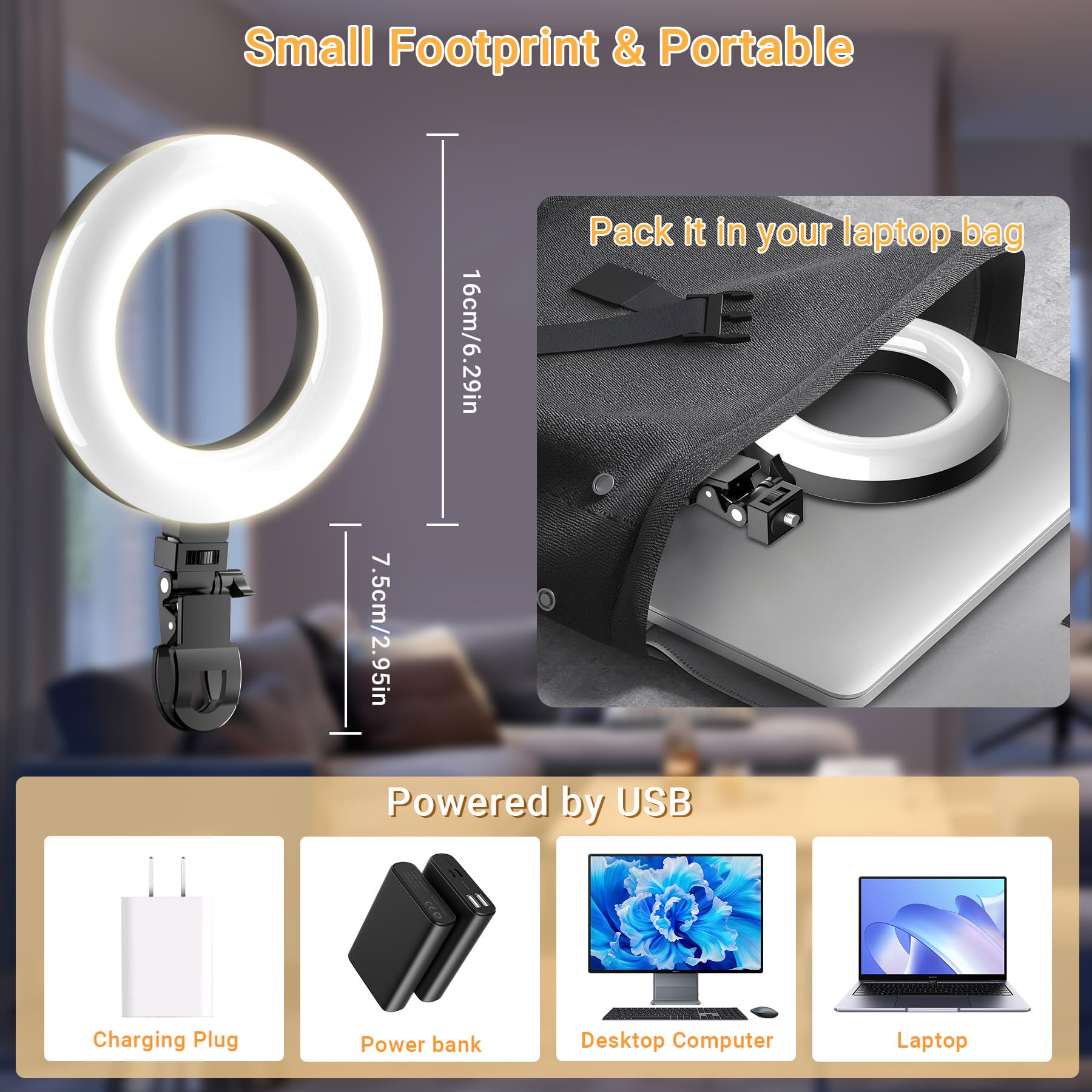 Lampa pierścieniowa z klipsem do laptopa, oświetlenie konferencji wideo z 3 trybami kolorów, regulowane światło LED USB do monitora komputerowego, strumieniowanie z zoomem, połączenia zespołowe